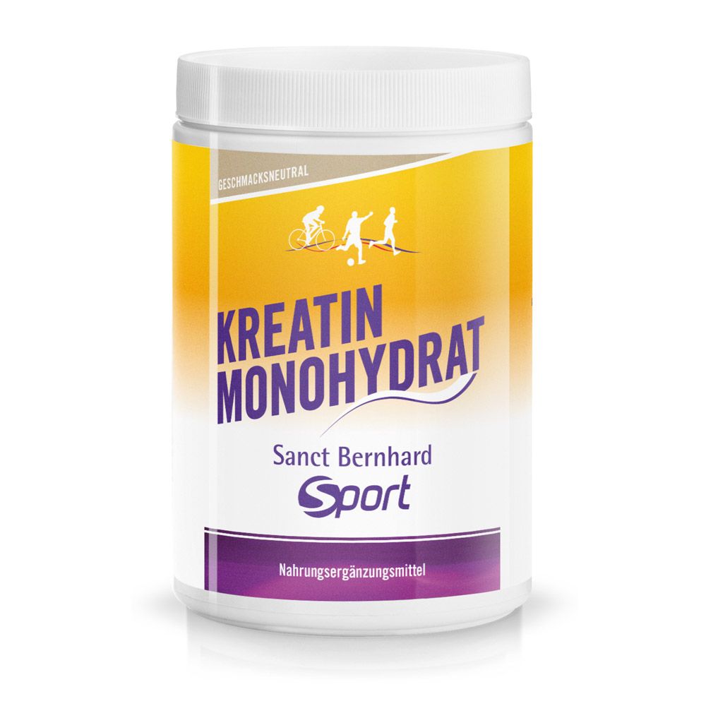 Weißes Sport Kreatin-Monohydrat-Behälter. Gelb-weißer Hintergrund. Schriftzug: Kreatin Monohydrat, Sport, Nahrungsergänzungsmittel.