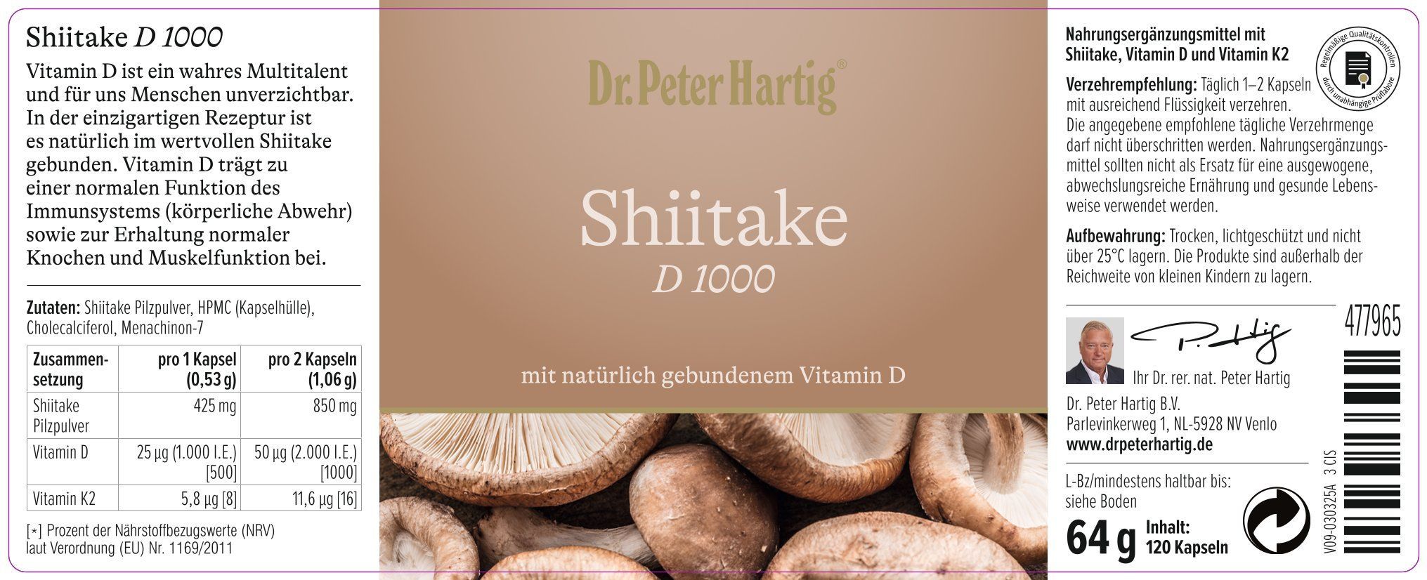 Etikett mit Produktnamen Shiitake D 1000. Inhaltsstoffe, Dosierung, Herstellerinformationen. 120 Kapseln.