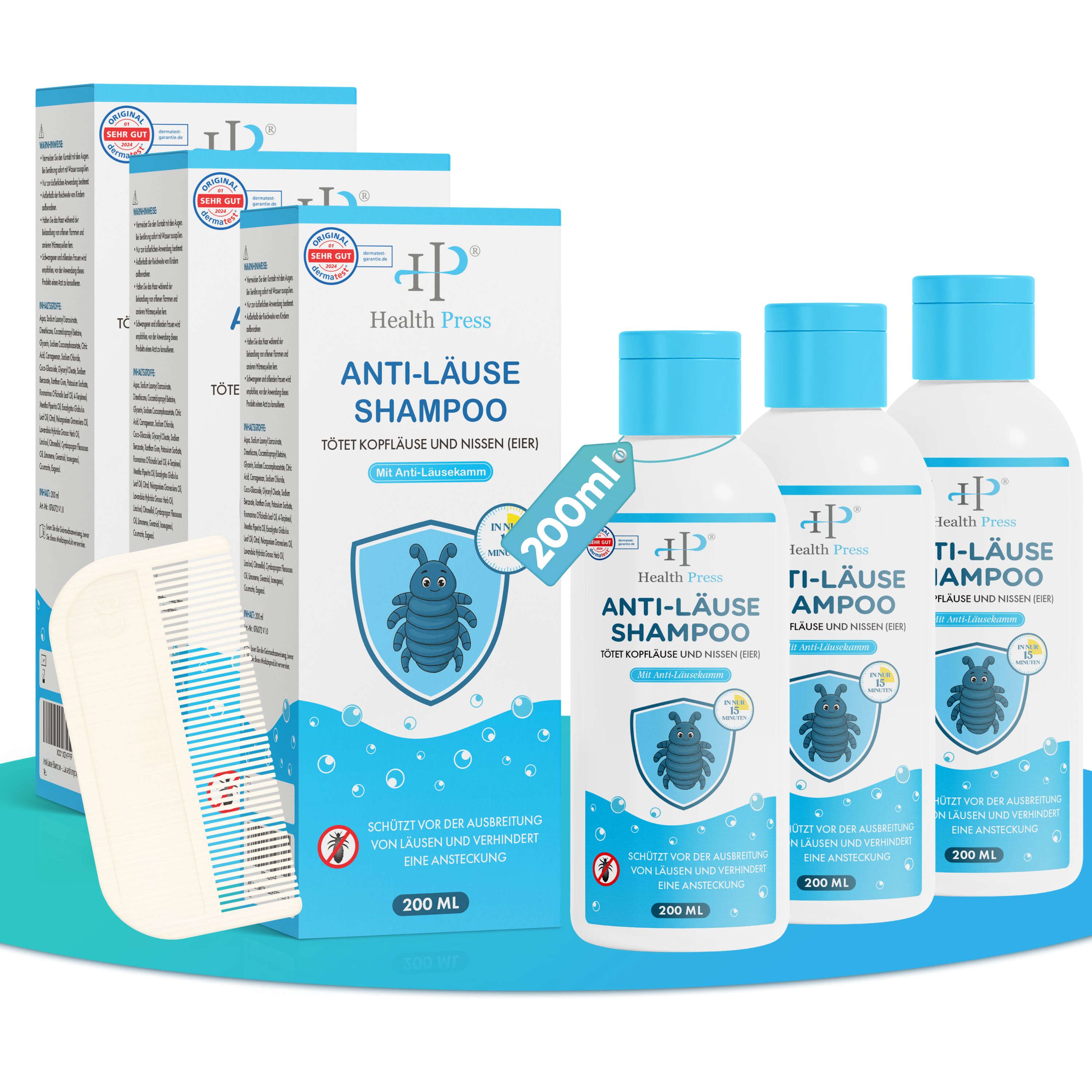 Health Press Läuse Shampoo – Läuseshampoo zur Behandlung von Läusen Wirksames Läusemittel 3x200 ml