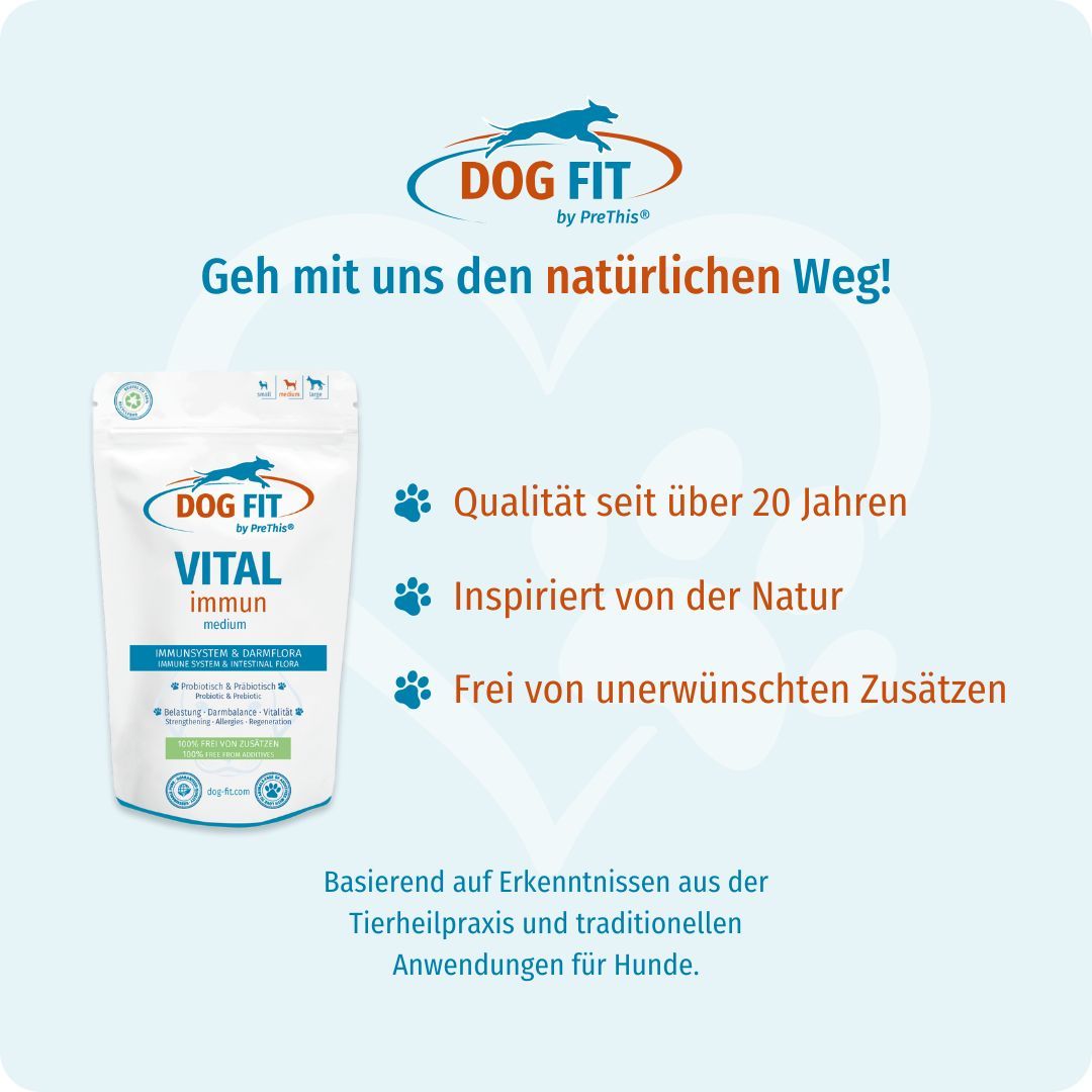 DOG FIT by PreThis® VITAL immun Produktverpackung. Text: Qualität seit über 20 Jahren, inspiriert von der Natur, frei von Zusätzen.