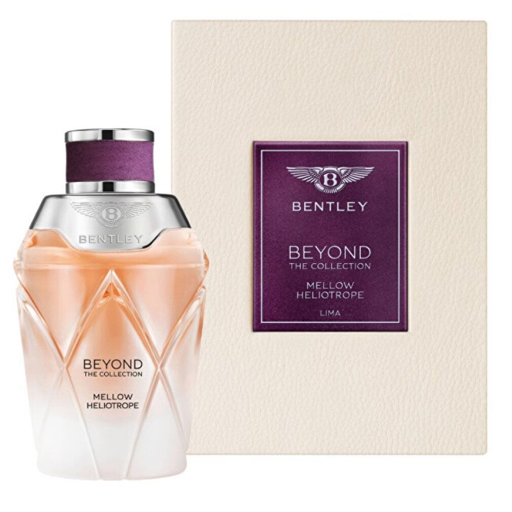 Parfümflakon und Verpackung. Beyond The Collection, Mellow Heliotrope. Flakon mit Farbverlauf. Verpackung mit Logo und Produktnamen.