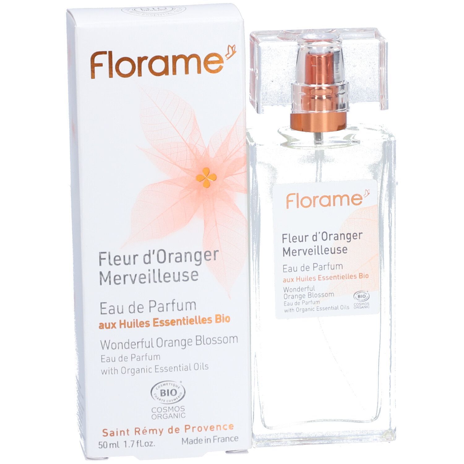 Florame Eau de Parfum mit Verpackung. Flakon mit Sprühkopf. Aufschrift: Fleur d'Oranger Merveilleuse, Eau de Parfum.