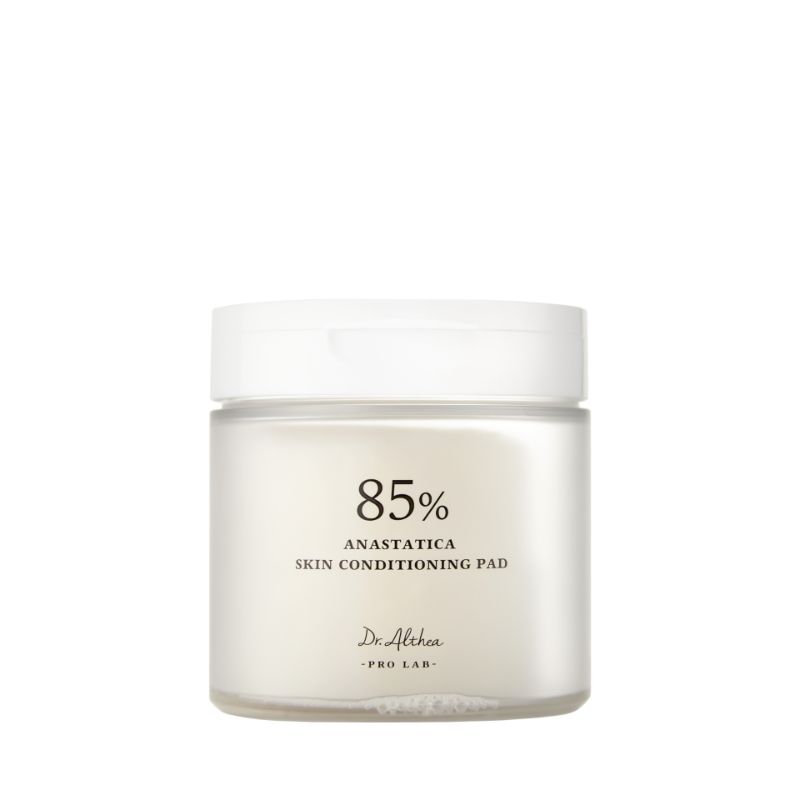 Weißes, rundes Produktglas mit Deckel. Aufschrift: 85%, Anastatica Skin Conditioning Pad, Dr. Althea - Pro Lab.