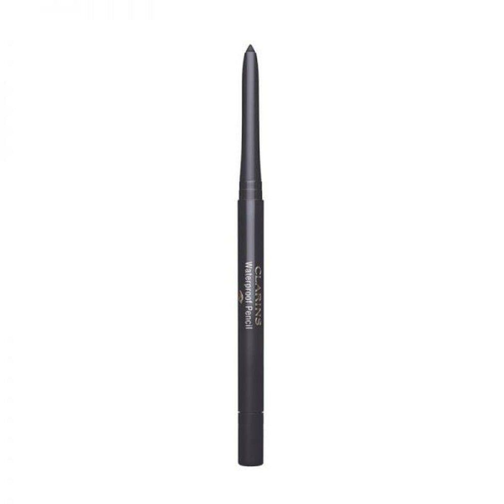 Grauer, schlanker Eyeliner-Stift. Schwarze Spitze. Text: Waterproof Pencil.