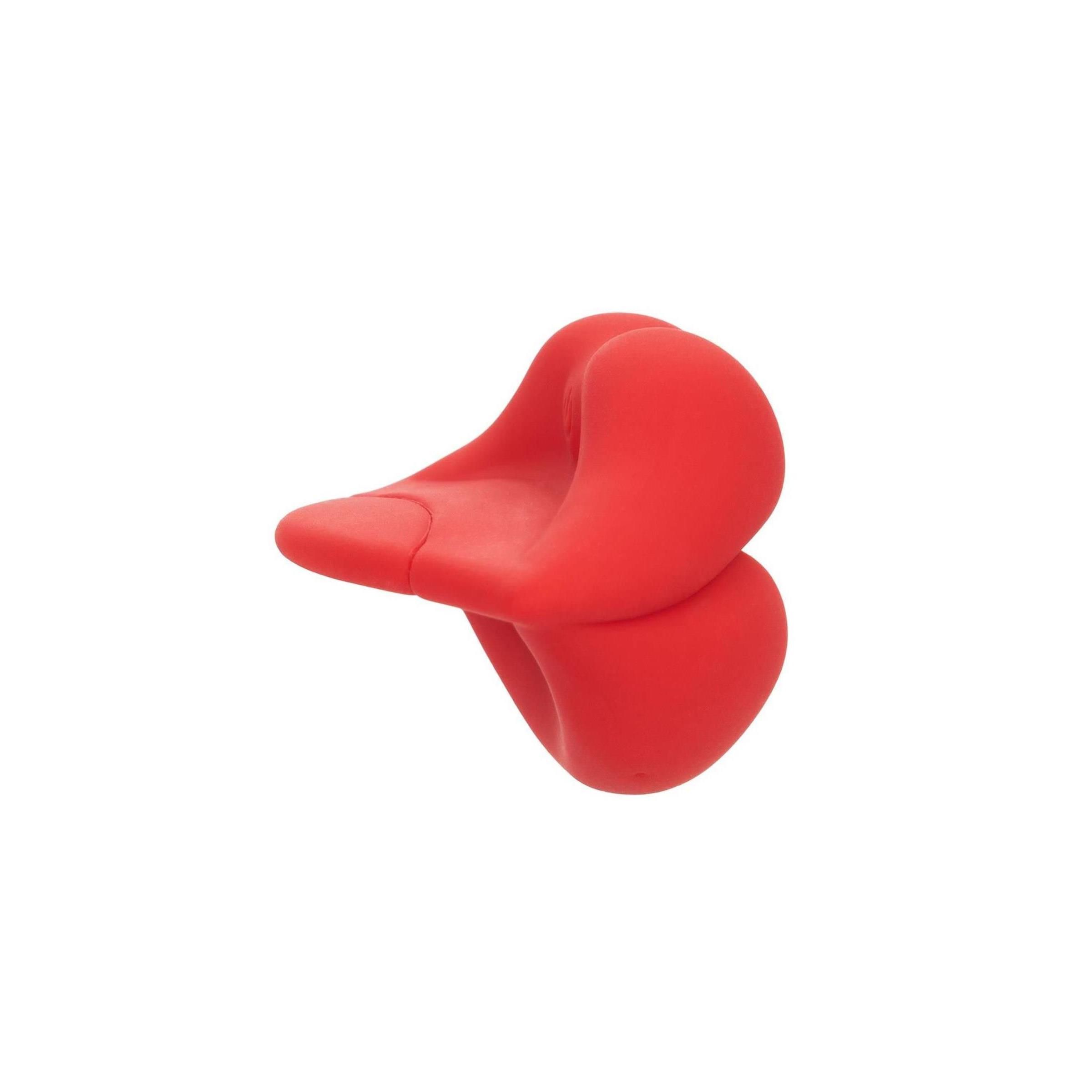 Roter, lippenförmiger Mini-Vibrator. Ansicht von der Seite, abgerundete Form. Auf weißem Hintergrund.