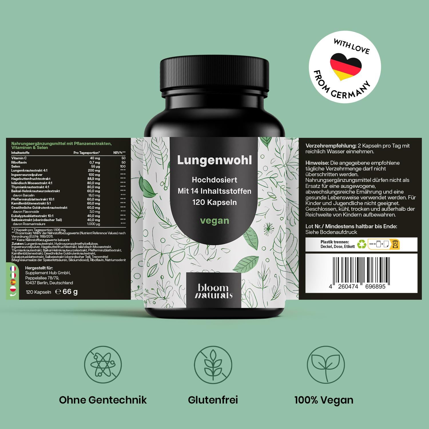Schwarze Kapsel-Dose mit Etikett: Lungenwohl, 120 Kapseln, vegan. Text: Mit 14 Inhaltsstoffen. Mit Liebe aus Deutschland.