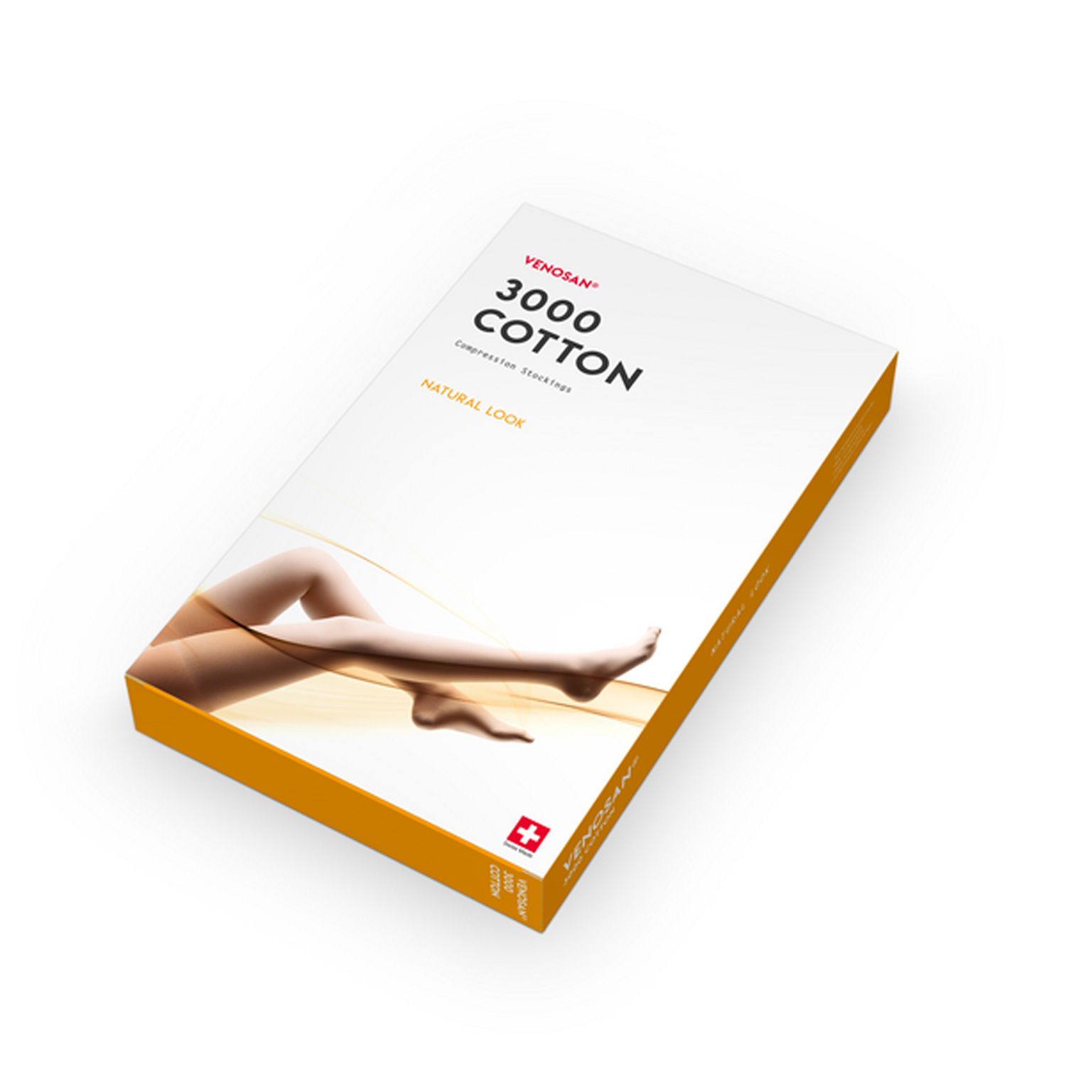 Verpackung von Venosan 3000 Cotton Kompressions-Schenkelstrümpfen mit Abbildung eines Beins.