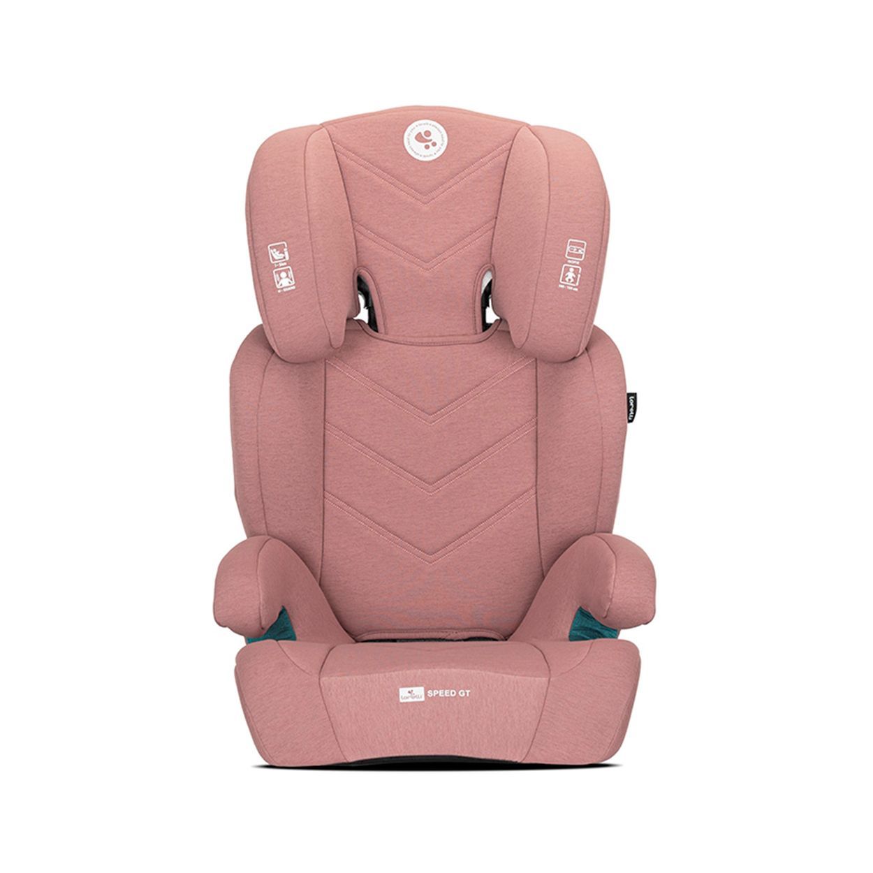 Rosa Kindersitz mit verstellbarer Kopfstütze und gepolsterten Seitenflügeln.