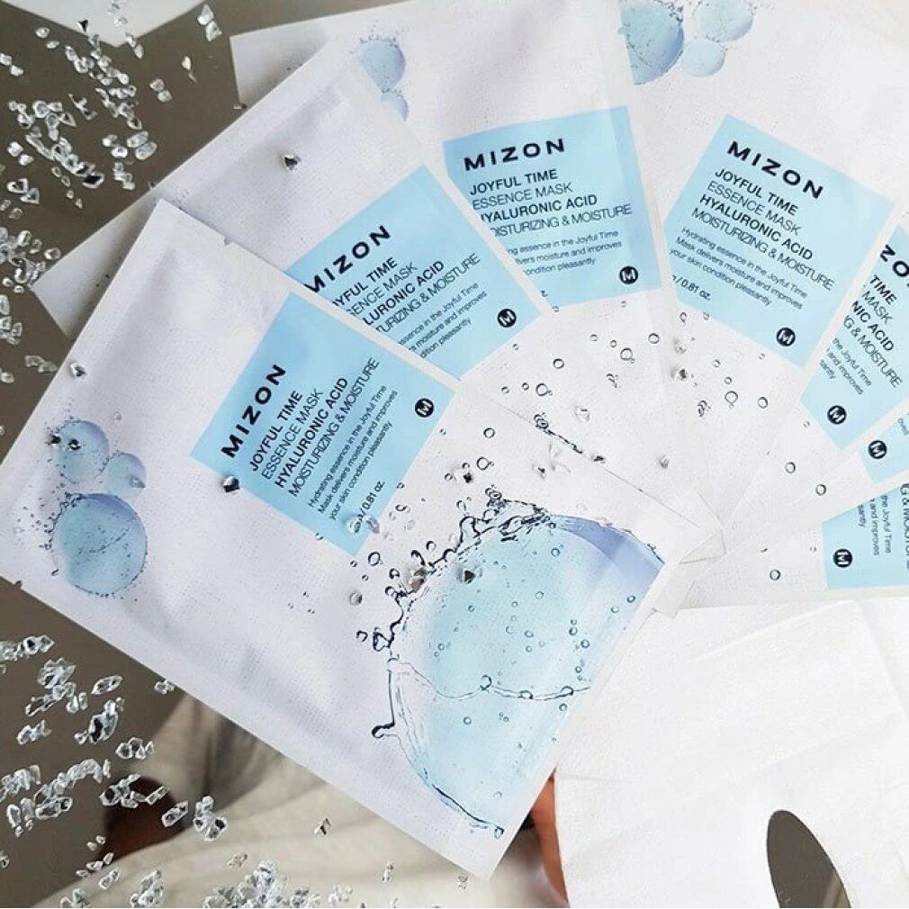 Mehrere Mizon Joyful Time Essence Masken mit Hyaluronsäure, feuchtigkeitsspendend und pflegend.