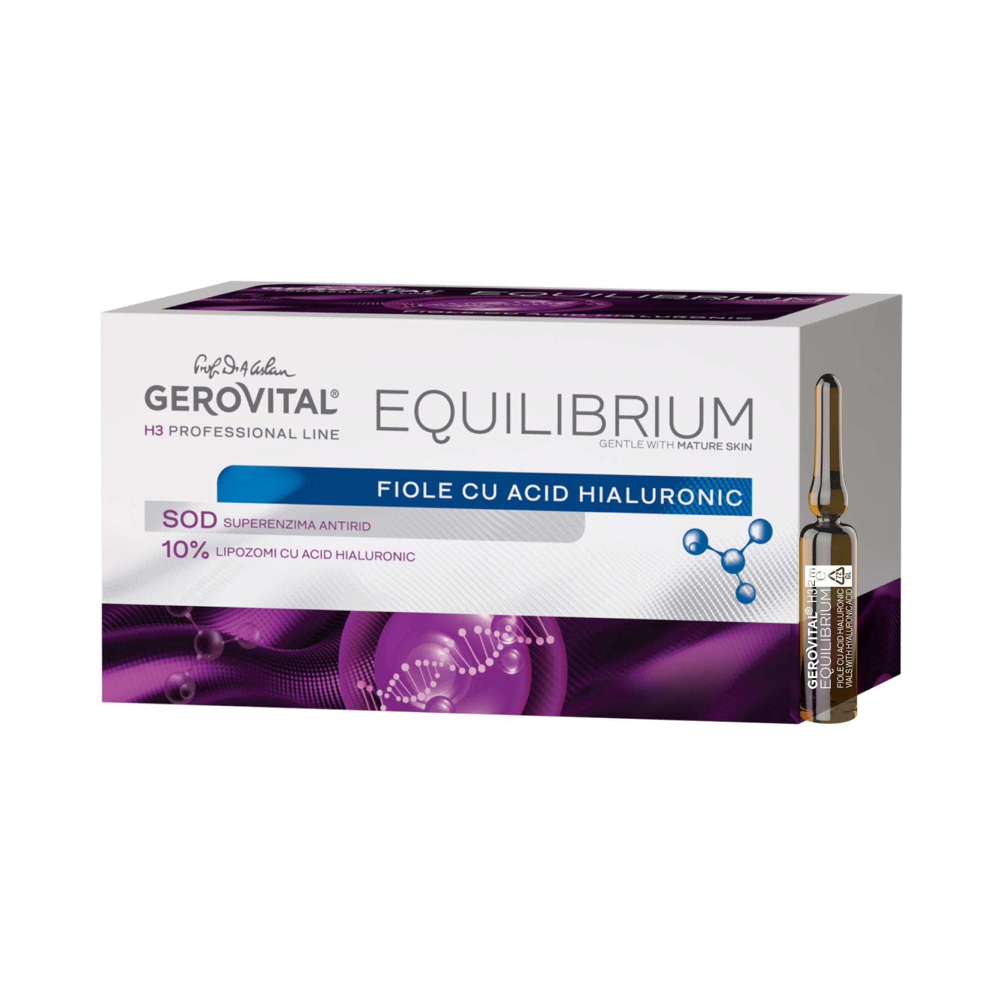 Schachtel und Ampulle. Aufschrift: Gerovital Equilibrium, Fiole cu Acid Hialuronic. Ampulle neben der Schachtel.