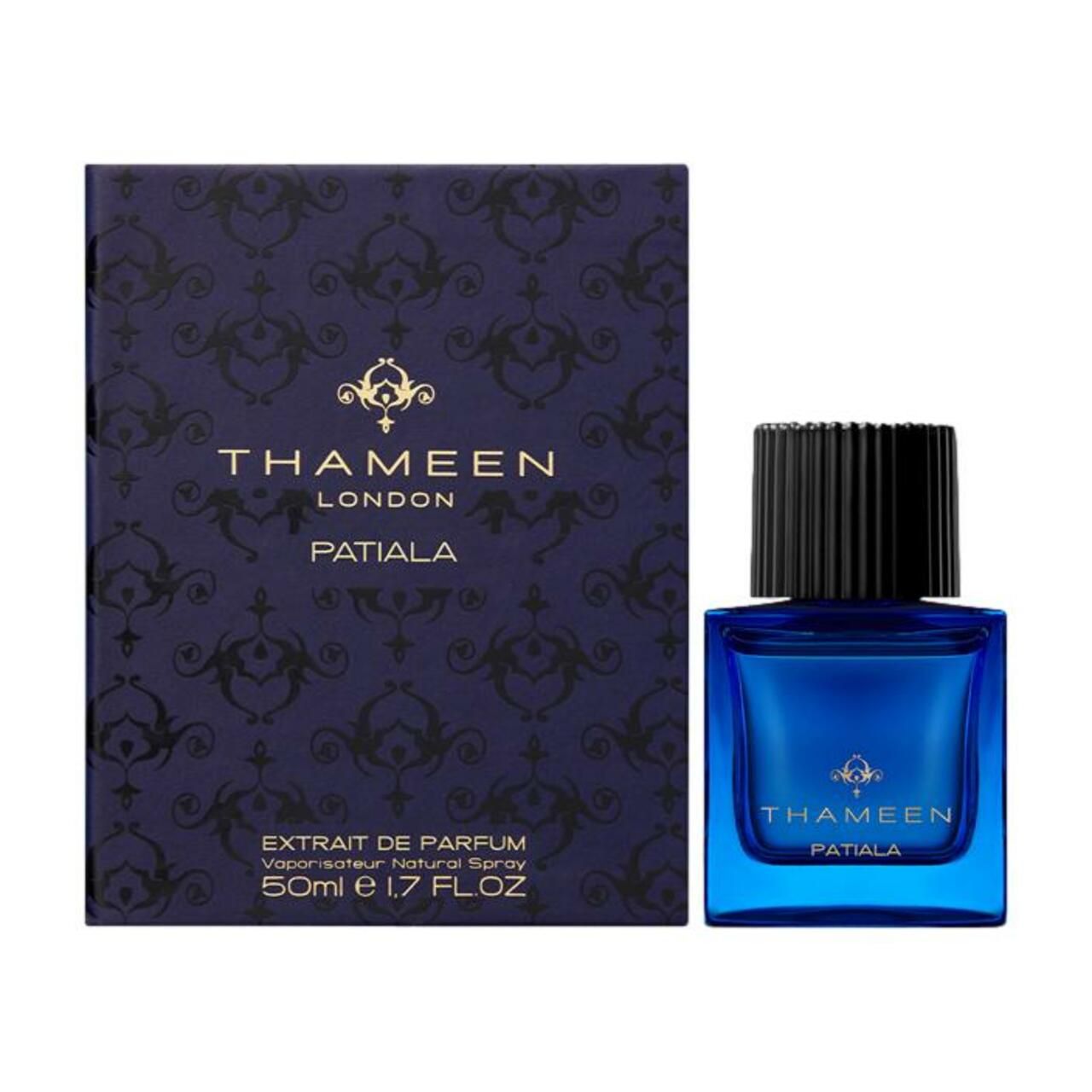 Blauer Flakon und Schachtel. Aufschrift: Thameen London, Patiala. Schwarzer Deckel. Verpackung mit Muster.