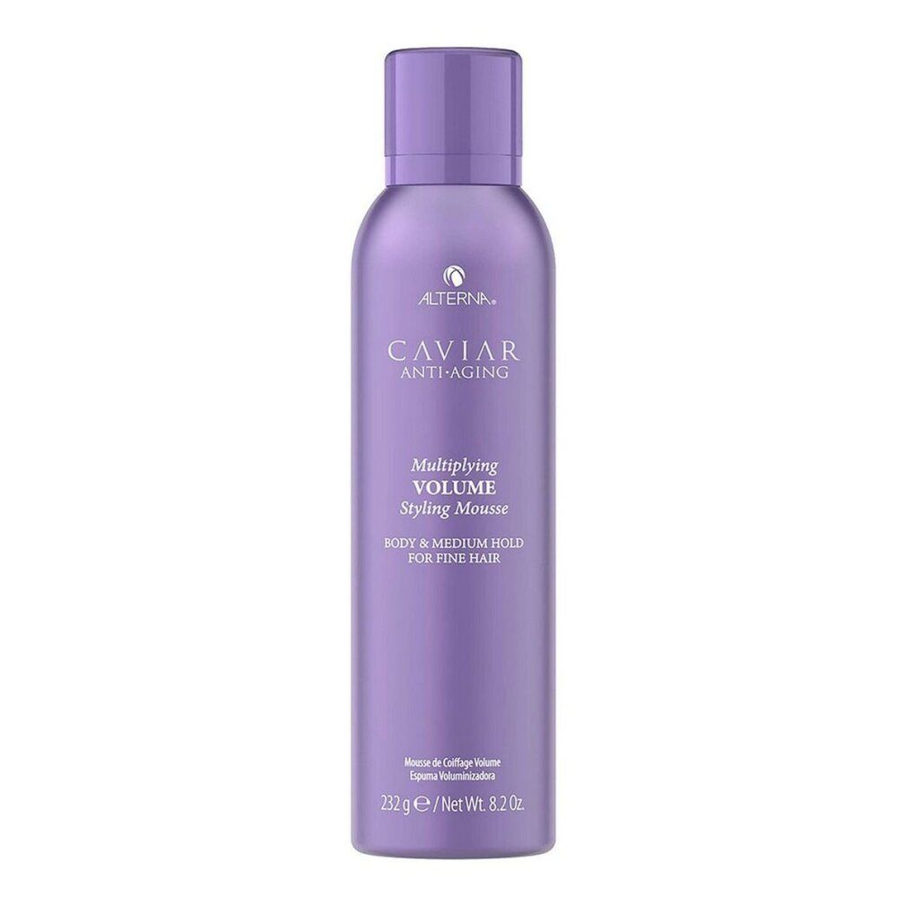 Lila Aerosoldose mit Alterna Caviar Anti-Aging Multiplying Volume Styling Mousse.