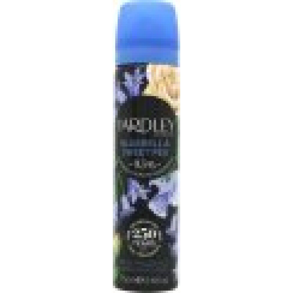 Körperspray mit blauem Deckel. Aufschrift: Yardley Bluebell & Sweet Pea. Floral-Design. 250 Jahre.
