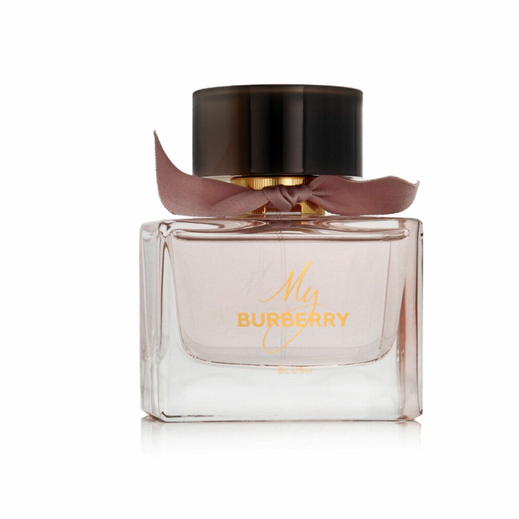 Glasflakon mit rosa Flüssigkeit, braunem Deckel und Schleife. Aufschrift My Burberry Blush.