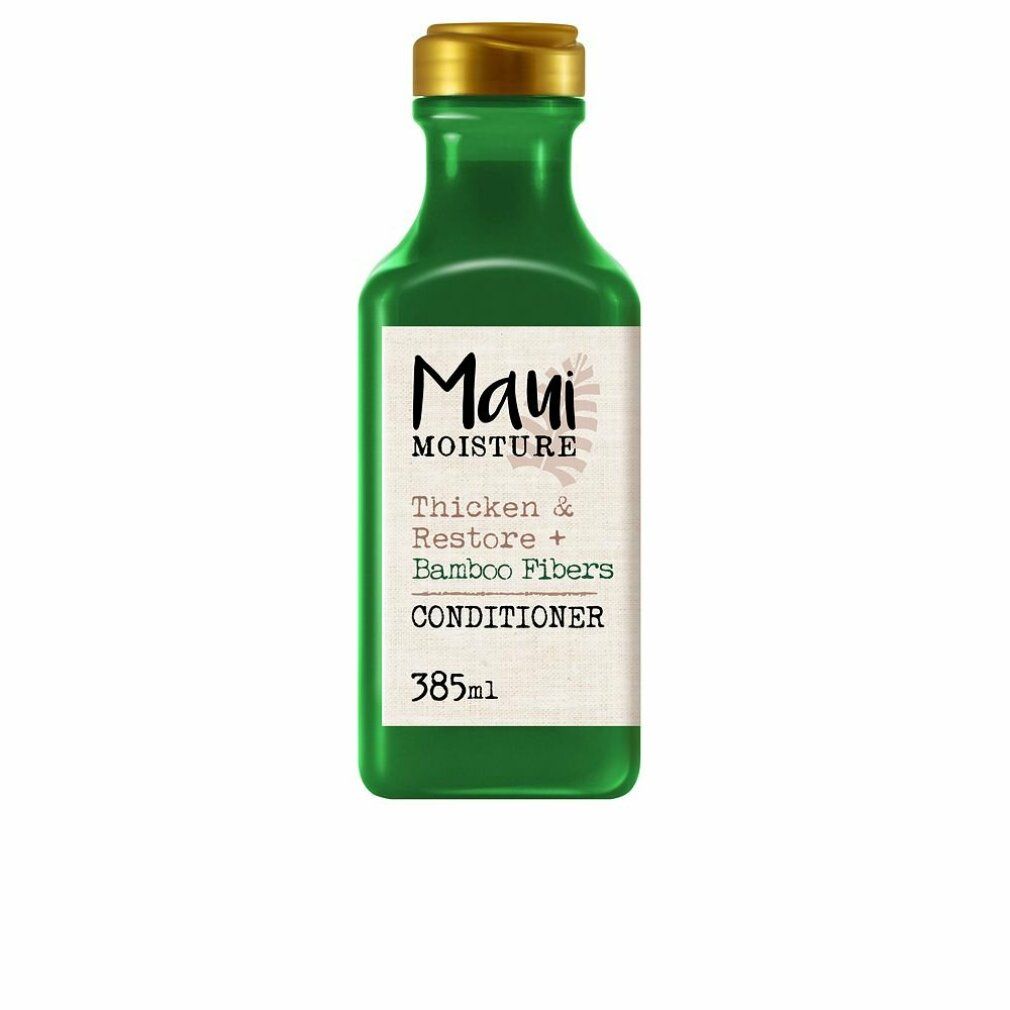 Grüne Flasche mit goldfarbenem Deckel. Aufschrift: Maui Moisture, Thicken & Restore + Bamboo Fibers Conditioner. 385ml.