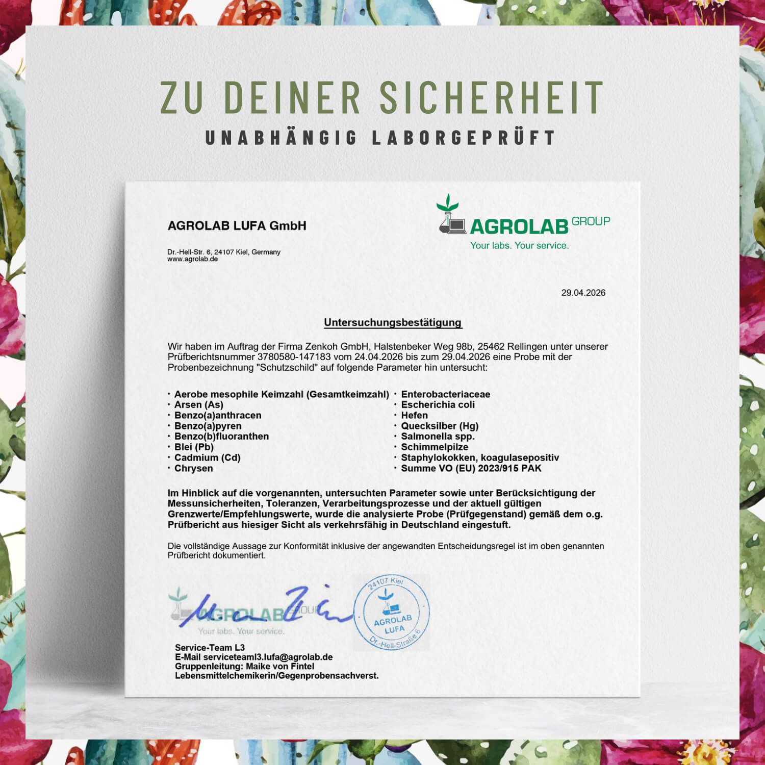 Flasche mit Kaktus- und Blumendekor. Schutz Schild Immun-Komplex, 100% vegan. PETA APPROVED.