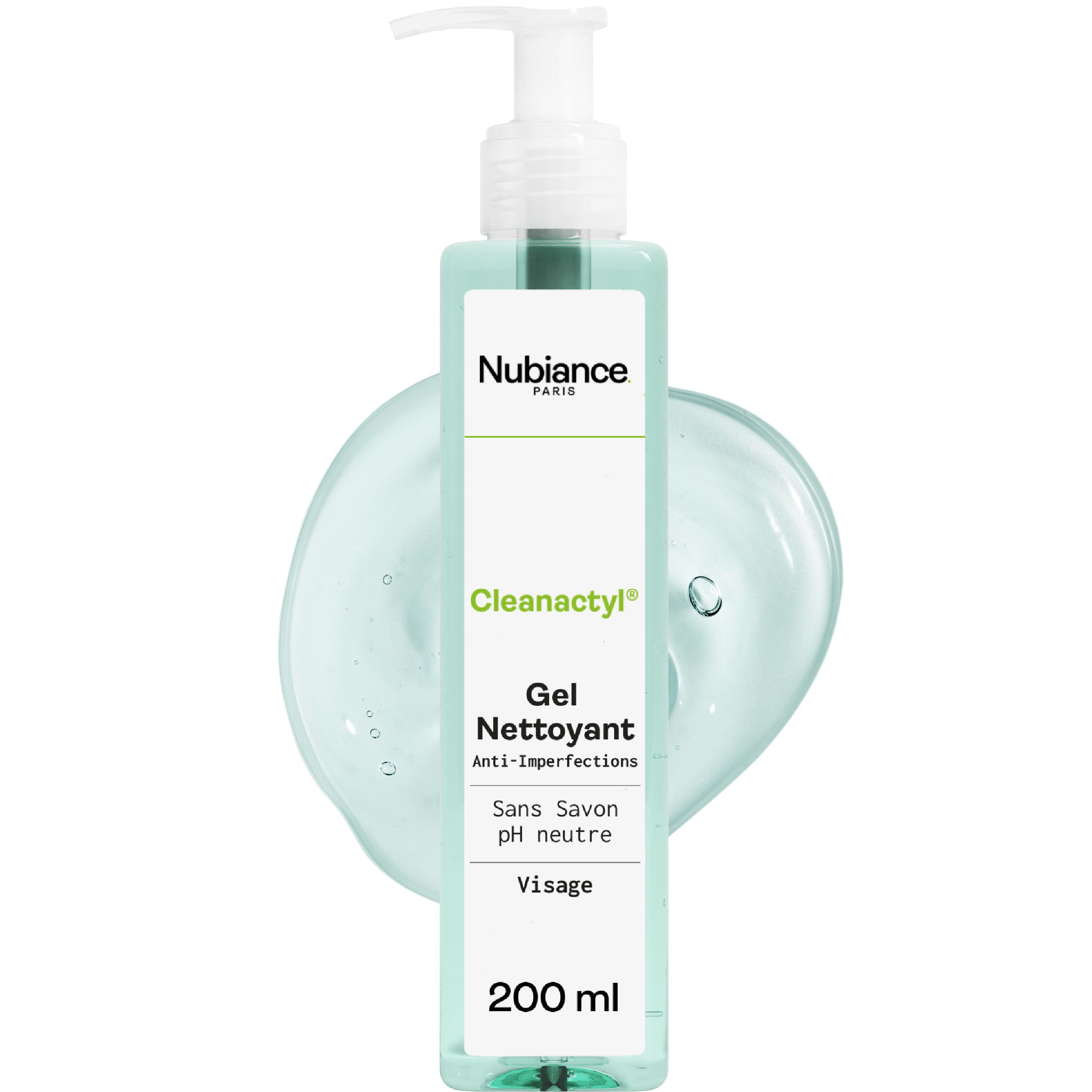 Grünes Gel mit Pumpe. Aufschrift: Nubiance, Cleanactyl, Gel Nettoyant, Anti-Imperfections, Sans Savon, pH neutre, Visage, 200 ml.