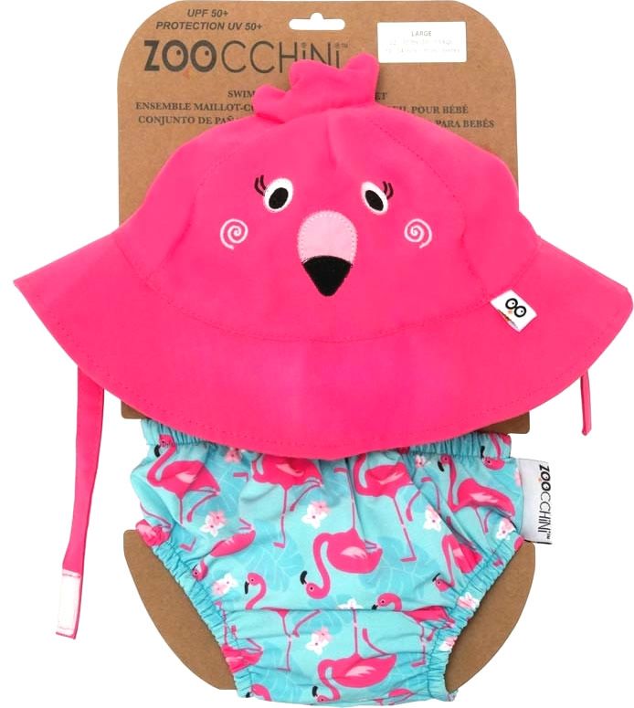 Set aus pinkfarbenem Flamingo-Sonnenhut und Badewindel mit Flamingomuster. Marke Zoocchini. UV-Schutz 50+.