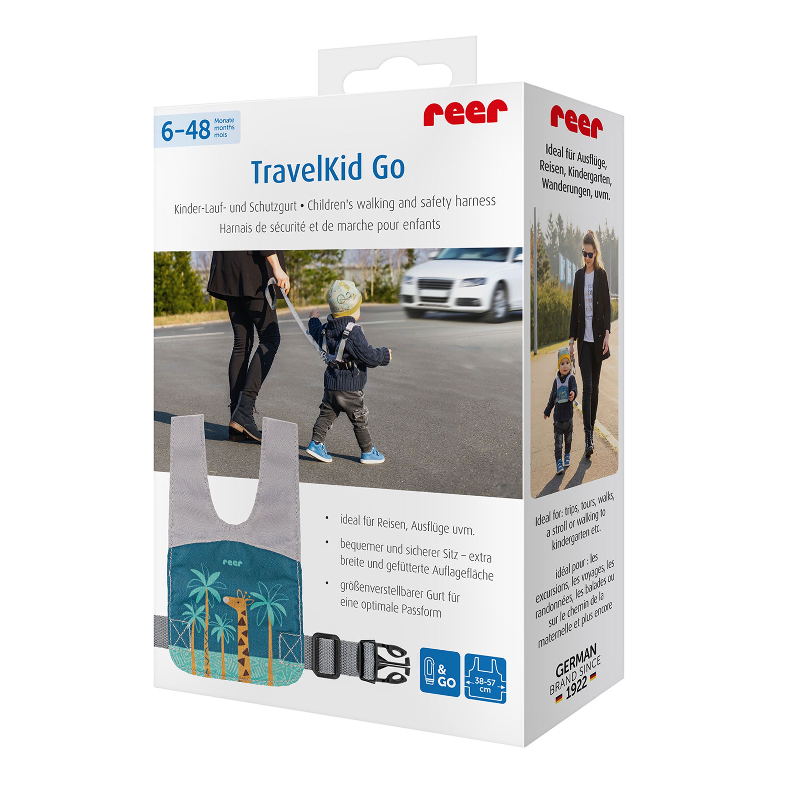 Verpackung für das Reer TravelKid Go Kinder-Lauf- und Sicherheitsgurt mit Giraffenmotiv.