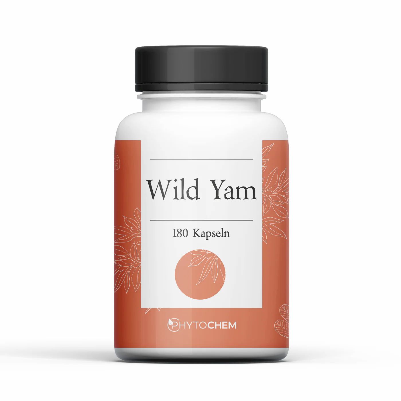 Weiße Flasche mit schwarzem Deckel. Aufschrift "Wild Yam" und "180 Kapseln". Orangefarbener Hintergrund mit floralem Muster. Marke: Phytochem.