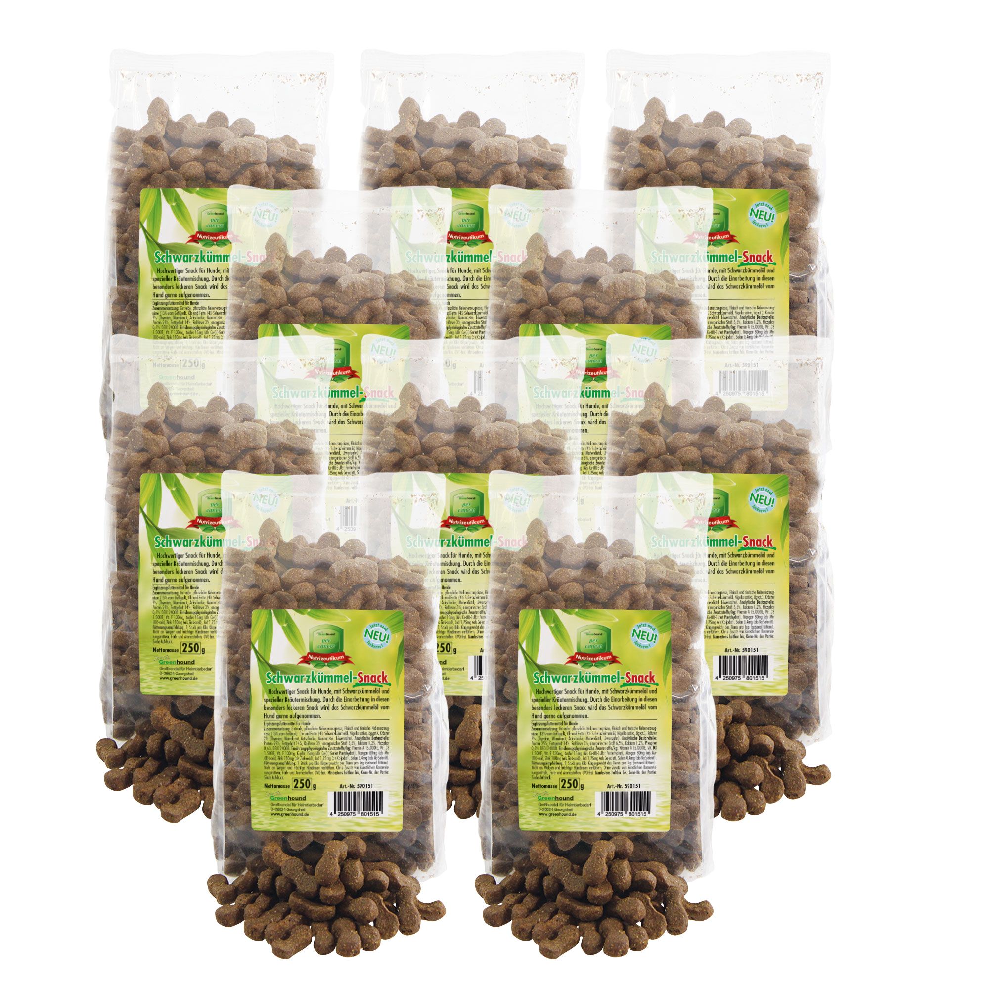 Mehrere transparente Tüten mit Hundesnacks. Aufdruck: Schwarzkümmel-Snack, 250g. Grün-weißes Etikett. Snacks in jeder Tüte.