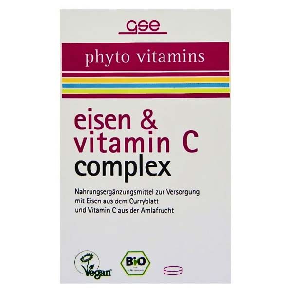 Verpackung von GSE Bio Eisen + Vitamin C Complex Tabletten. Weiß, mit lila und gelben Streifen. Schriftzug: Eisen & Vitamin C Complex, Bio, Vegan.