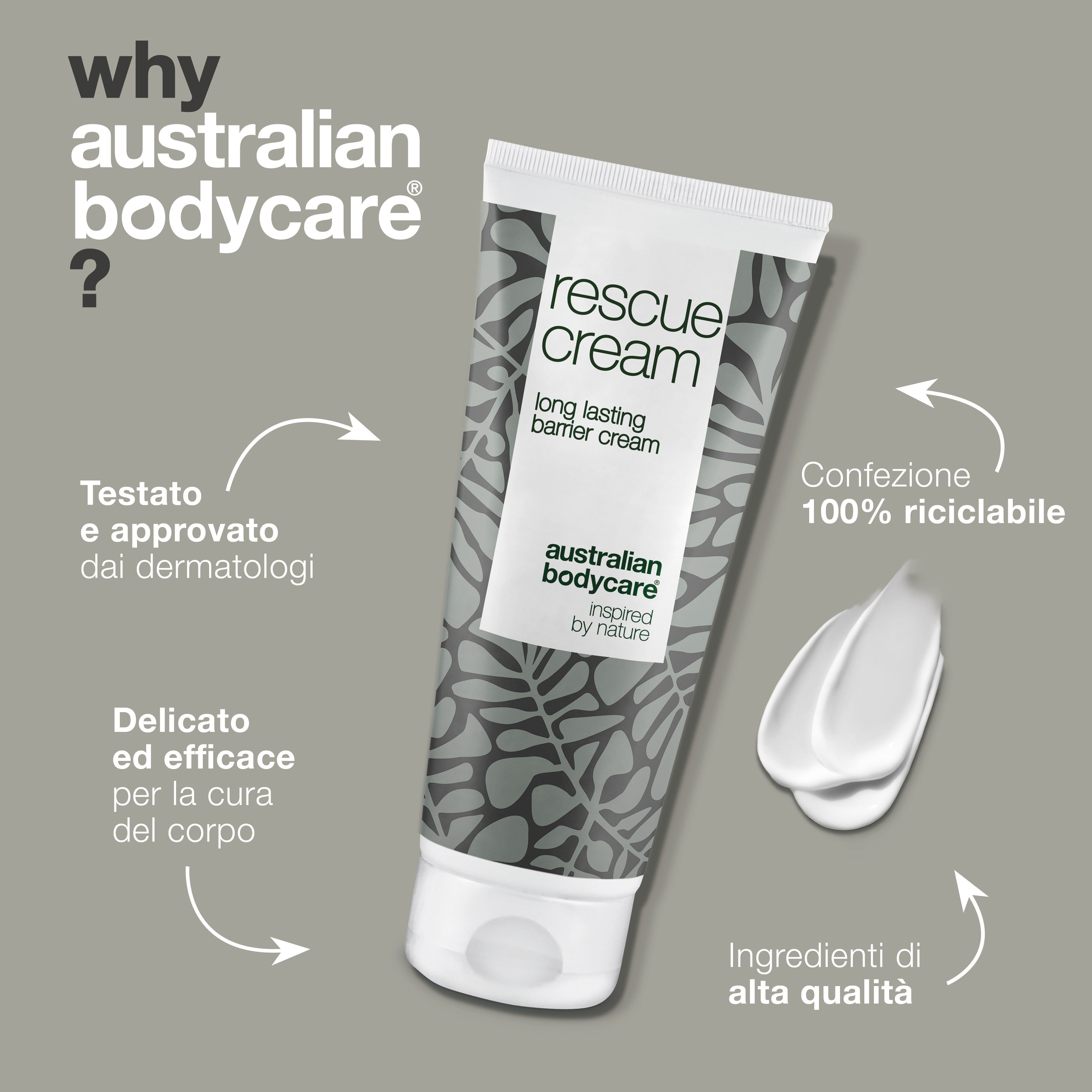 Tubo di crema e testo. Scritta: rescue cream, long lasting barrier cream. Marchio: Australian Bodycare.