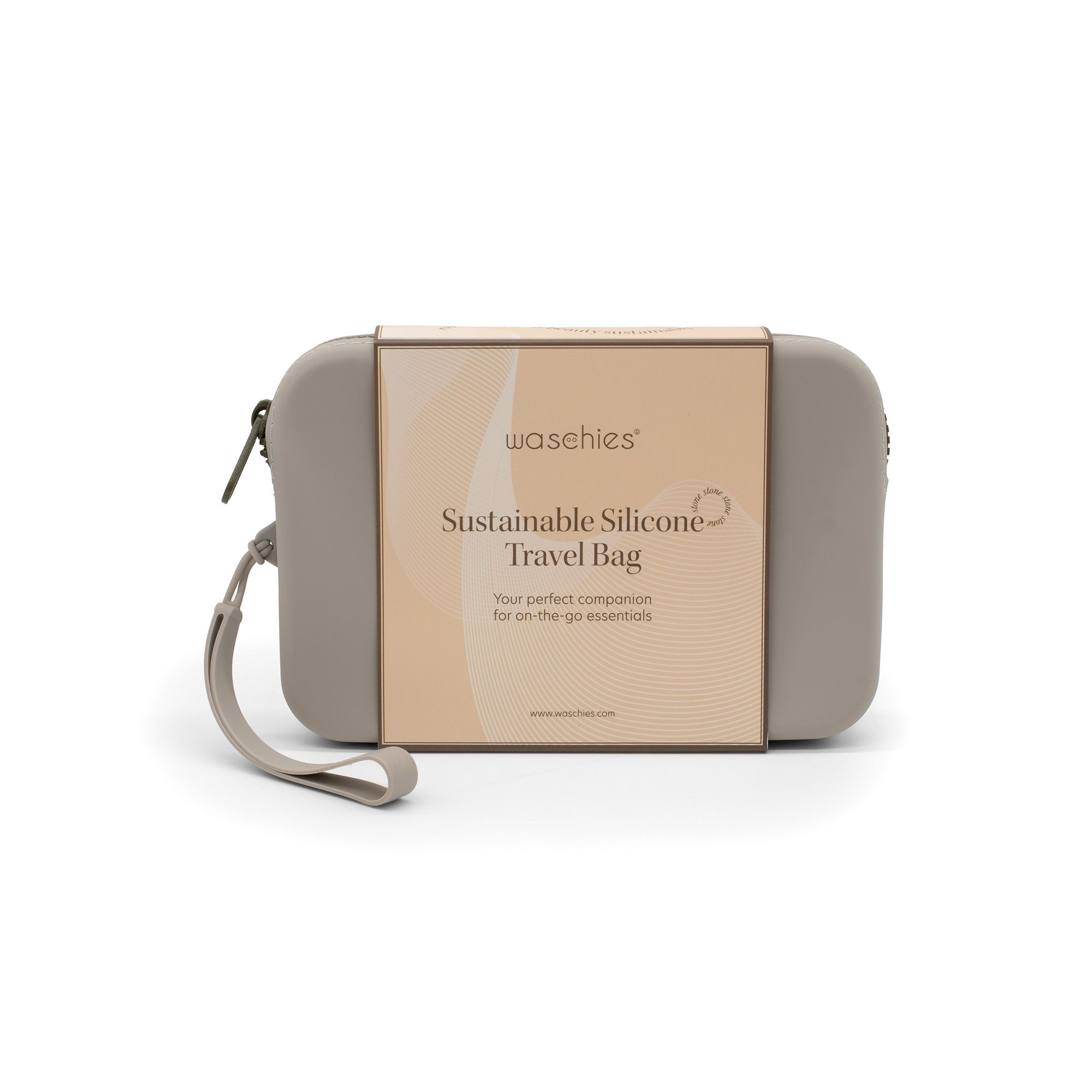 Beige waschies Travel Bag mit Verpackung. Rechteckige Form, Reißverschluss, Handschlaufe. Aufdruck.