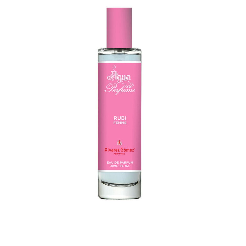 Rosa Flakon mit rosa Verschluss. Aufschrift: Agua Perfume, Rubí Femme, Alvarez Gómez. Eau de Parfum.