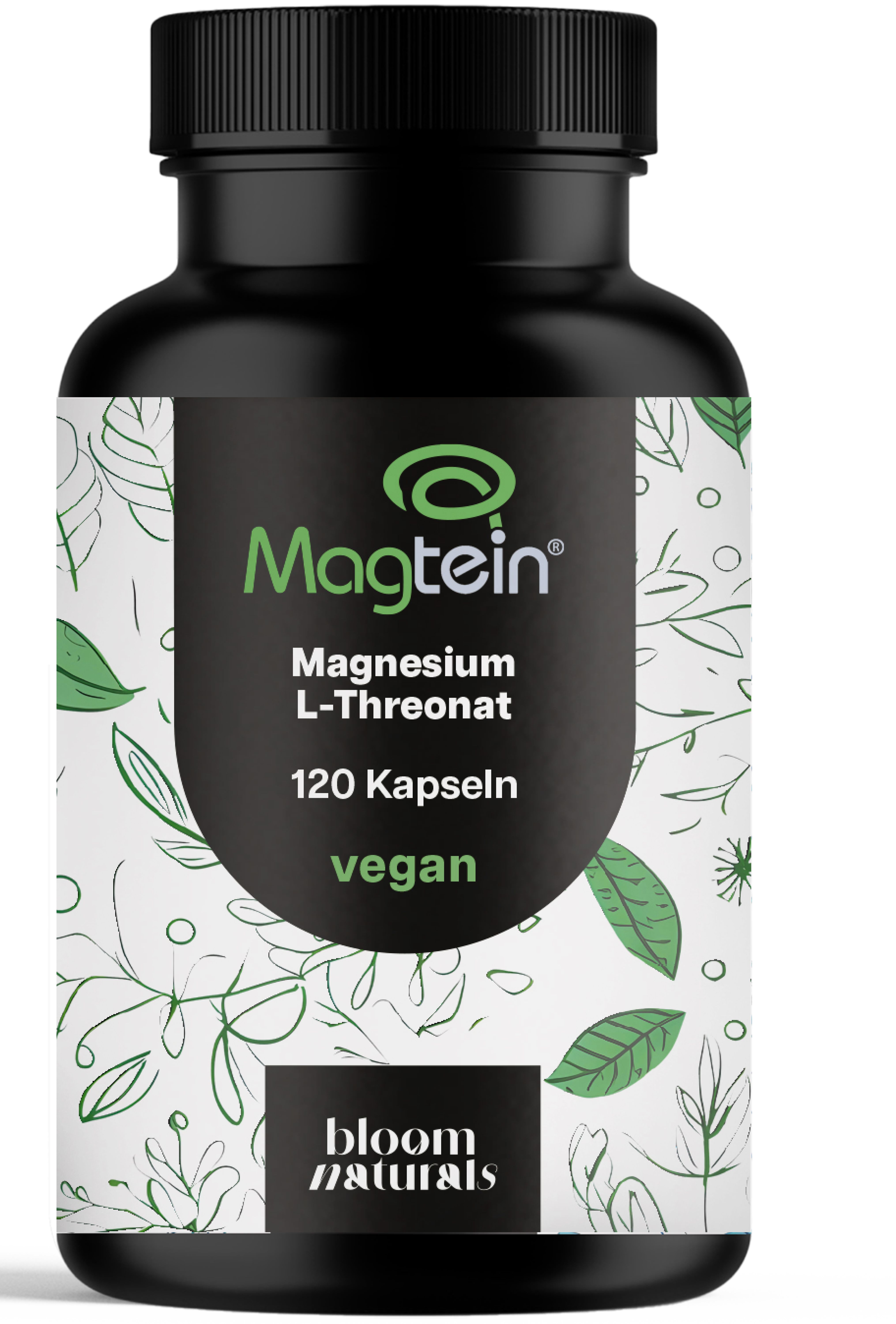 Schwarze Flasche mit weißem Etikett. Aufschrift: Magtein Magnesium L-Threonat, 120 Kapseln, vegan. Marke: Bloom Naturals.