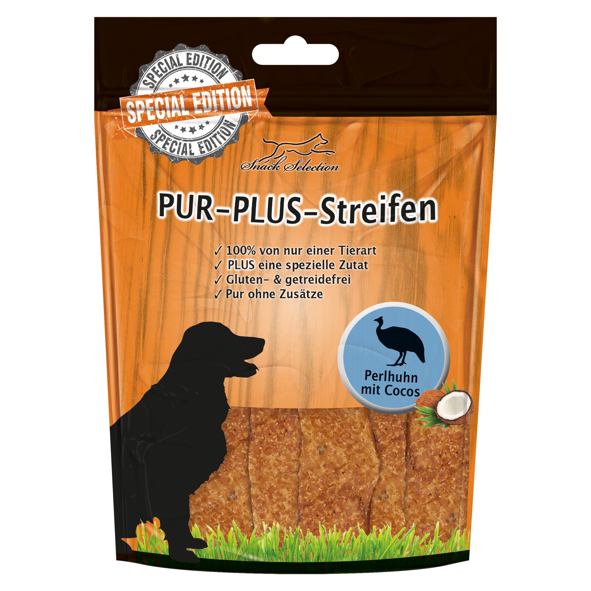 Schecker Pur Plus Streifen Perlhuhn + Kokos Hundesnacks mit 'Sinn' 5x100 g Futter