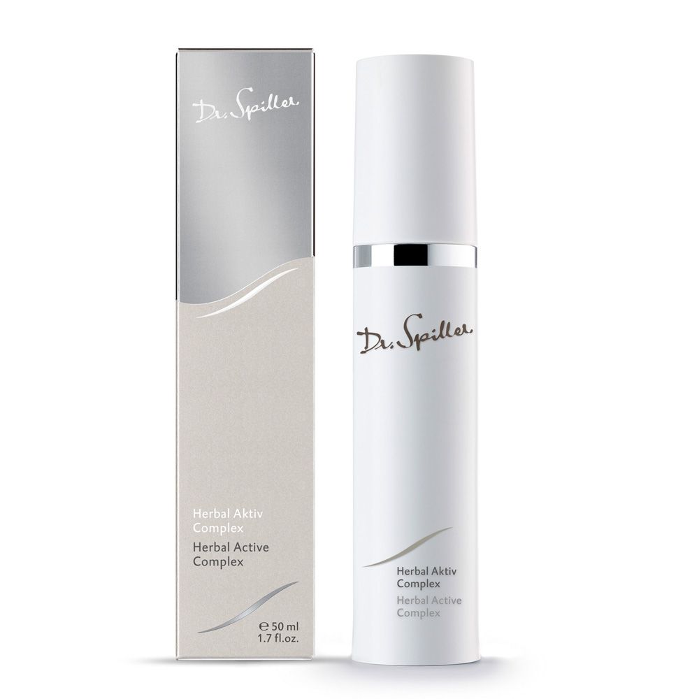 Weiße Flasche und Schachtel von Dr. Spiller Herbal Aktiv Complex. Aufschrift: Herbal Aktiv Complex, Herbal Active Complex. Volumen: 50 ml.