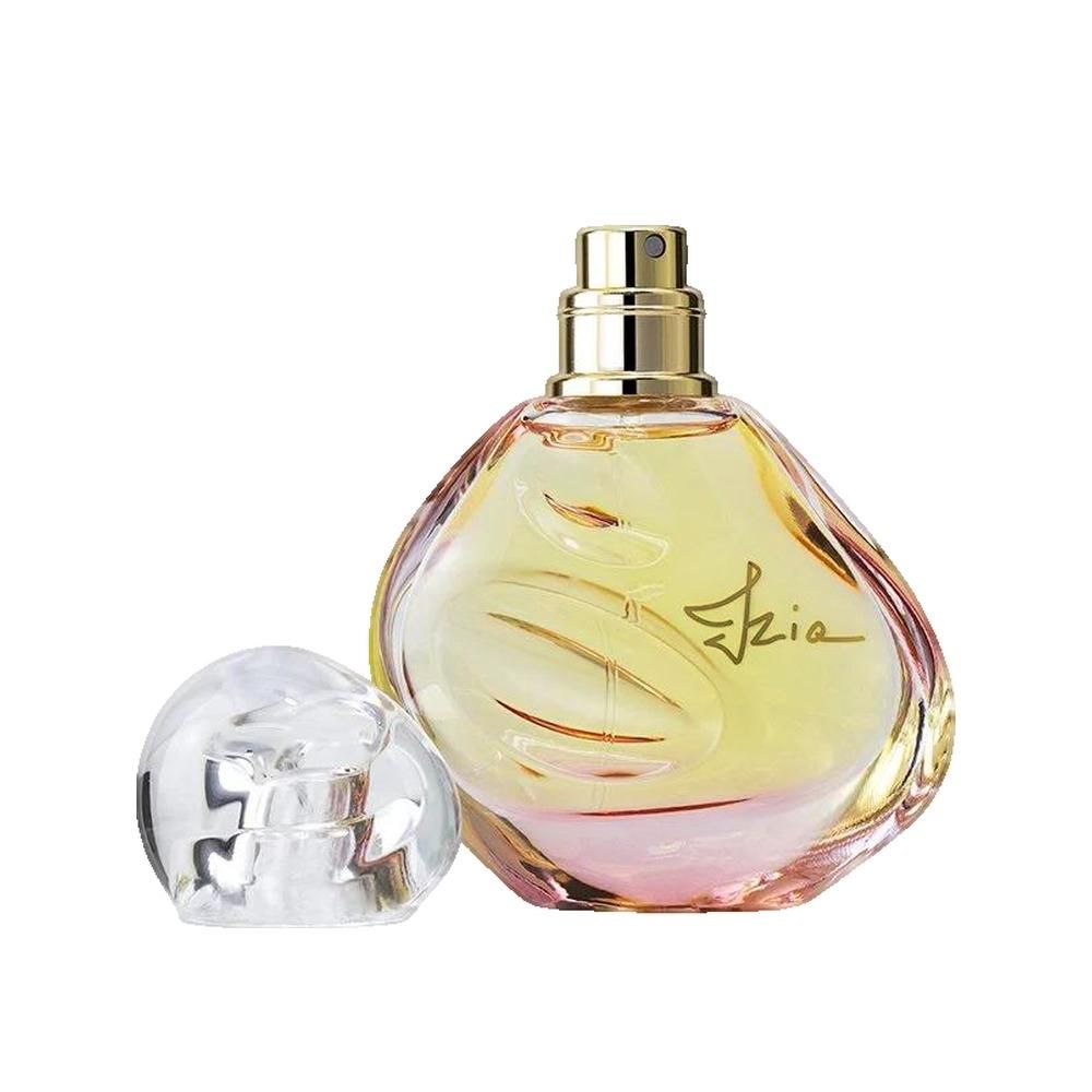 Parfümflakon mit abgenommenem, transparentem Verschluss. Goldfarbener Zerstäuber. Aufschrift "Izia".