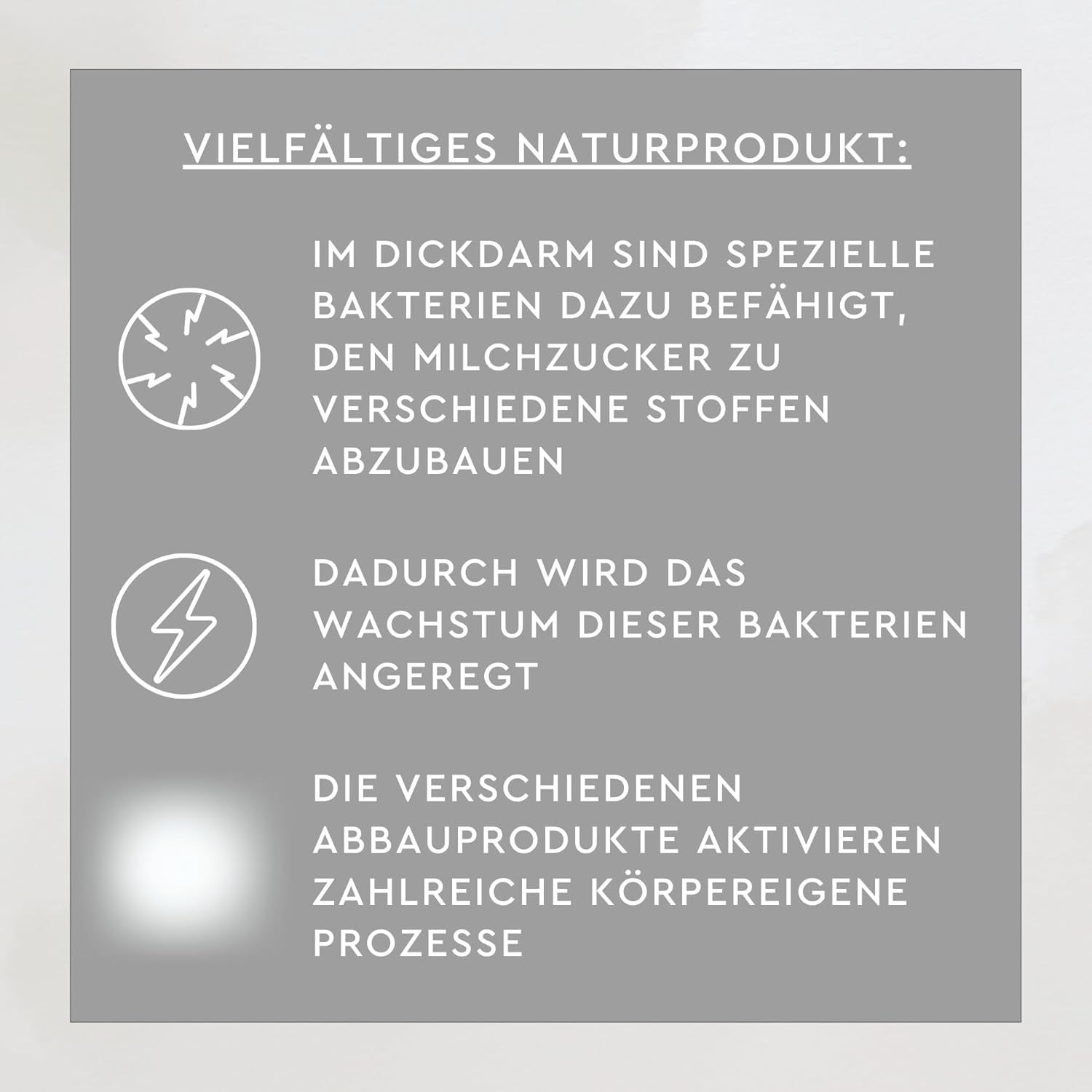 Infografik: Milchzucker-Abbau im Darm. Text und Piktogramme erklären den Prozess der Bakterienaktivierung.