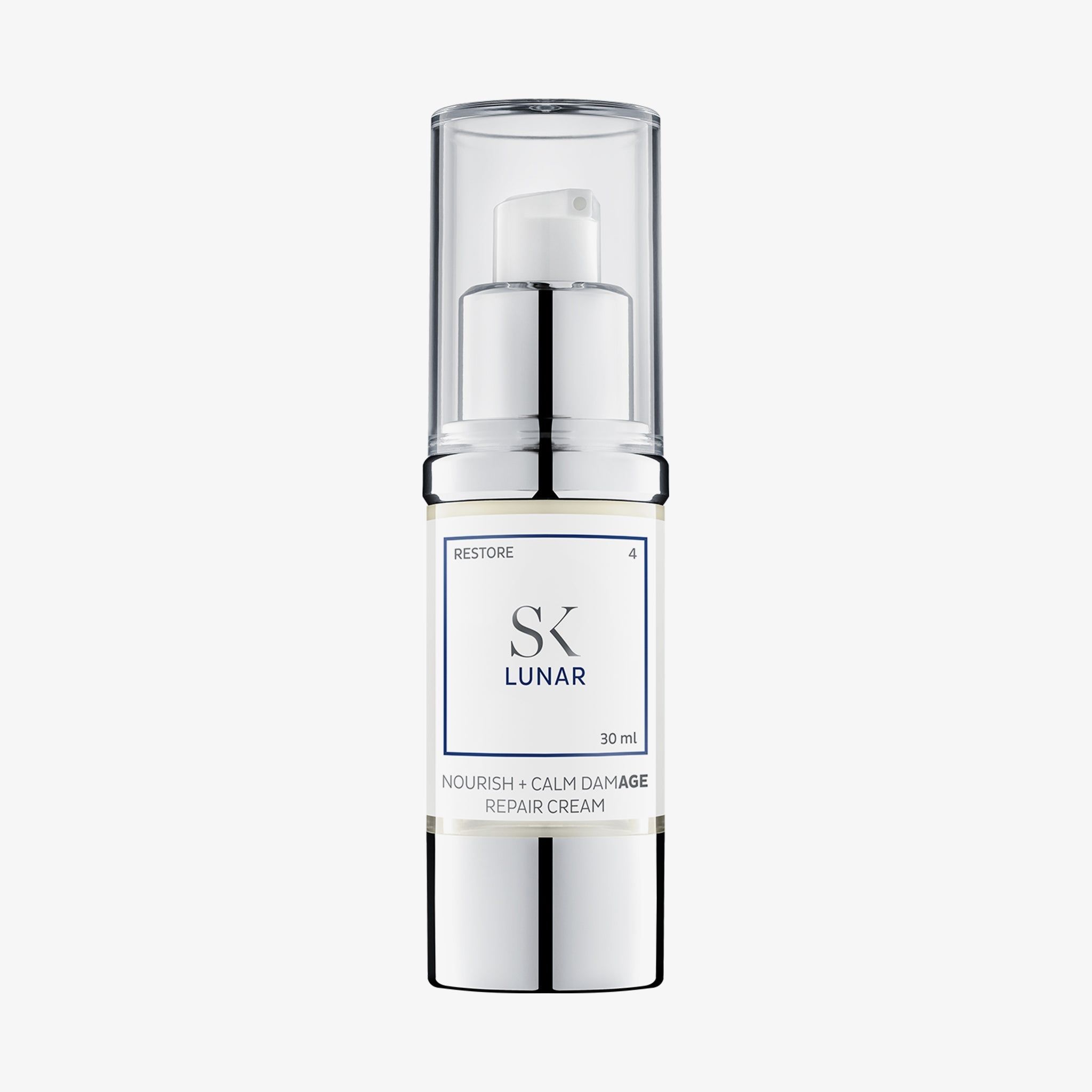Erogatore di crema con coperchio trasparente. Scritta: SK Lunar, 30 ml, Nourish + Calm Damage Repair Cream.