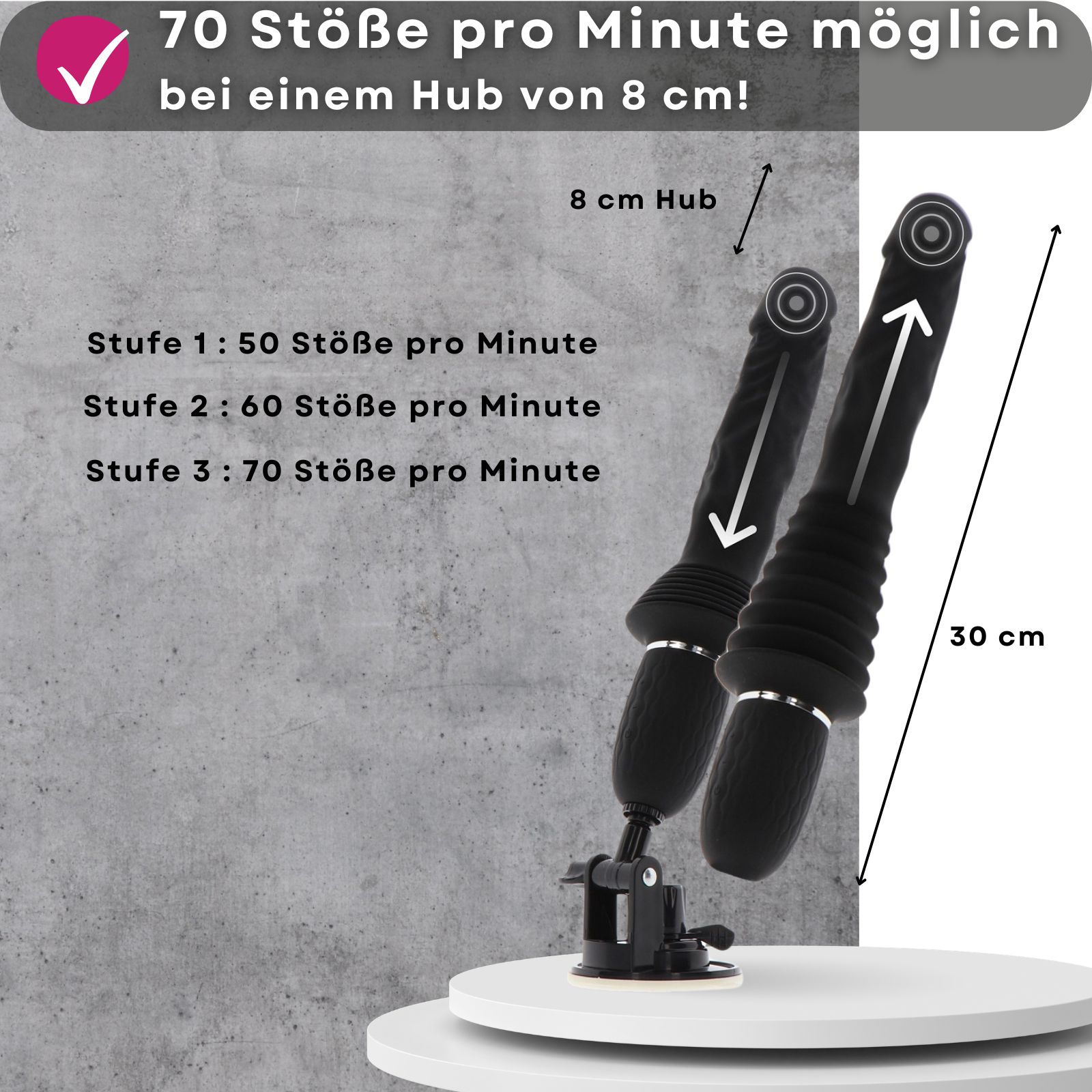 Stoßvibrator mit Stativ. 70 Stöße pro Minute bei 8 cm Hub. 30 cm lang. 3 Vibrationsstufen: 50, 60, 70 Stöße/Minute.