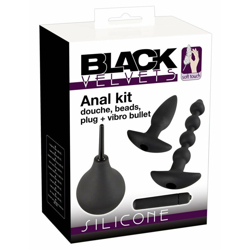 Schwarzes Kit in Verpackung. Enthält Anal-Kit, Perlen, Plug und Vibrationskugel. Verpackung mit Logo und Produktnamen.
