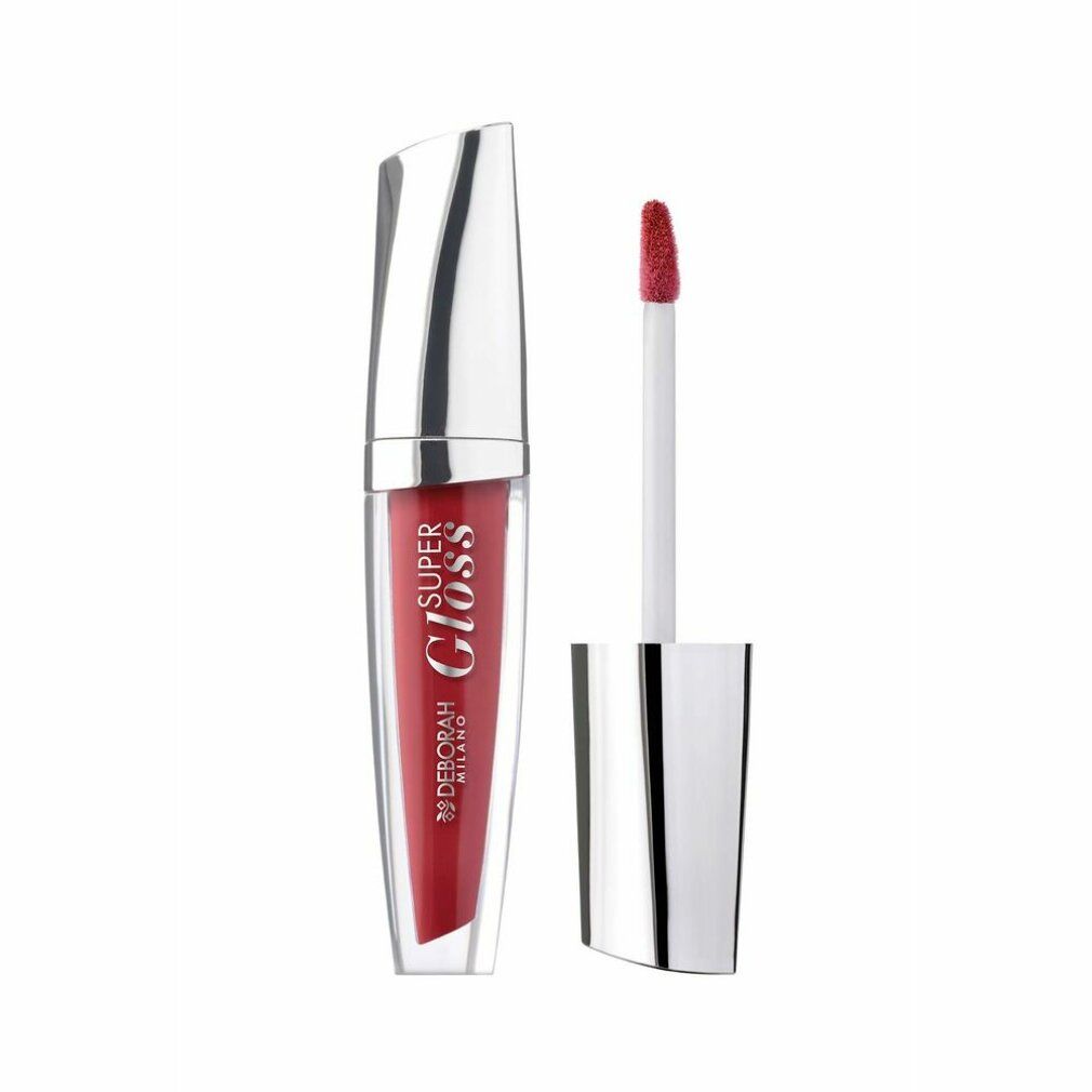 Lipgloss mit roter Farbe. Transparente Flasche mit silberfarbenem Deckel. Aufschrift: Super Gloss, Deborah Milano.
