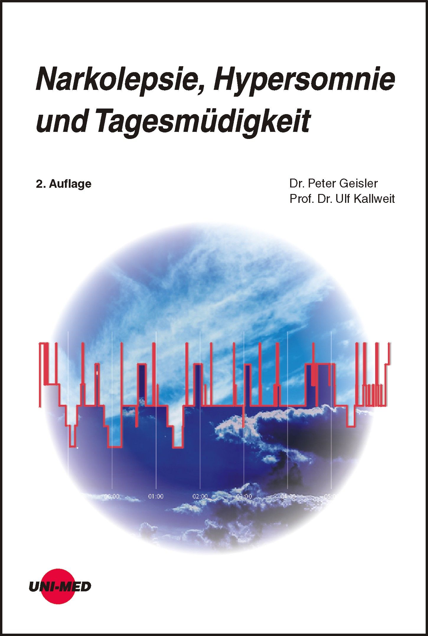 Buchcover: Narkolepsie, Hypersomnie und Tagesmüdigkeit. 2. Auflage. Autoren: Dr. Peter Geisler, Prof. Dr. Ulf Kallweit. Grafik mit roter Linie.