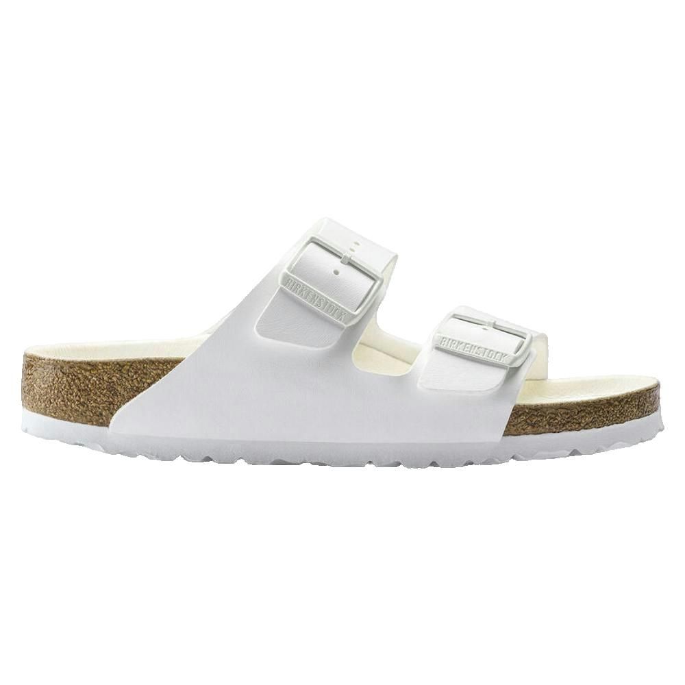 Sandali bianchi con due cinturini e fibbie. Plantare in sughero. Marchio Birkenstock.