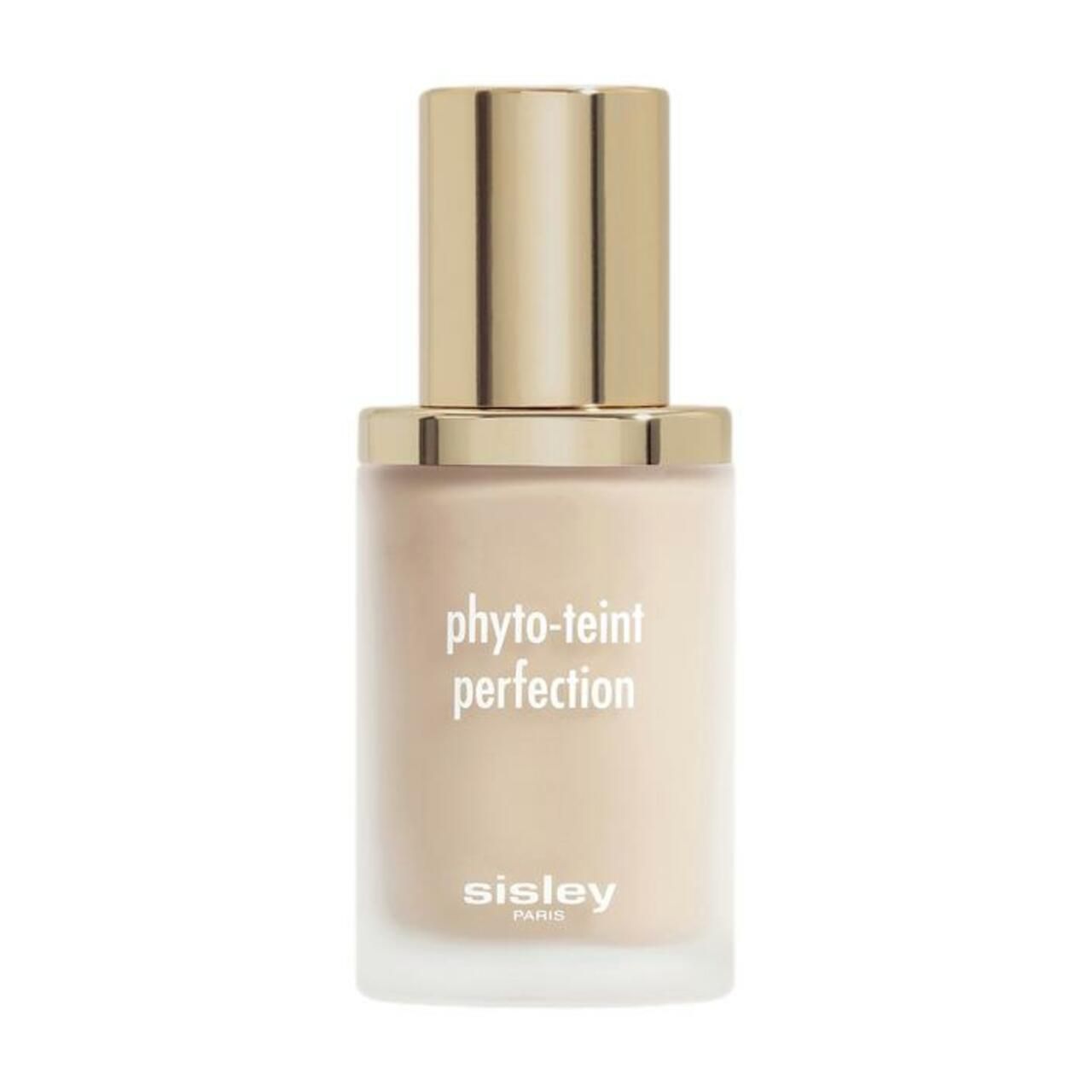 Sisley PHYTO-TEINT PERFECTON. Flasche mit goldfarbenem Deckel. Produktname und Marke sichtbar. Auf weißem Hintergrund.
