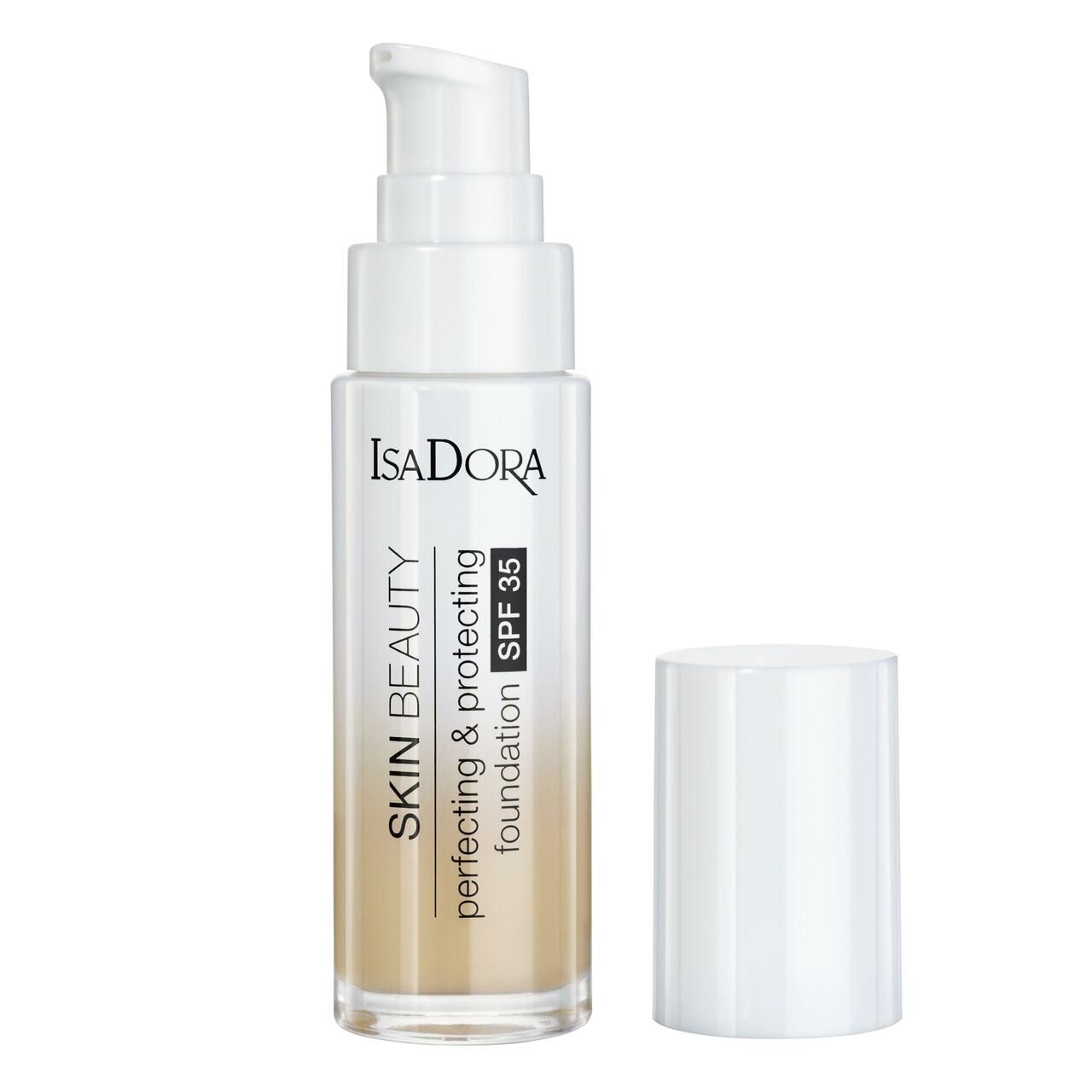 IsaDora Skin Beauty Foundation. Flasche mit Pumpe und losem Deckel. Aufschrift: Skin Beauty, Perfecting & Protecting, SPF 35.