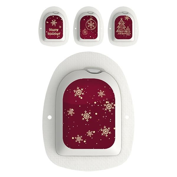 Omnipod Stickerset "Happy Holidays". Rotes Design mit goldenen Schneeflocken und Weihnachtsornamenten. Mehrere Omnipods.