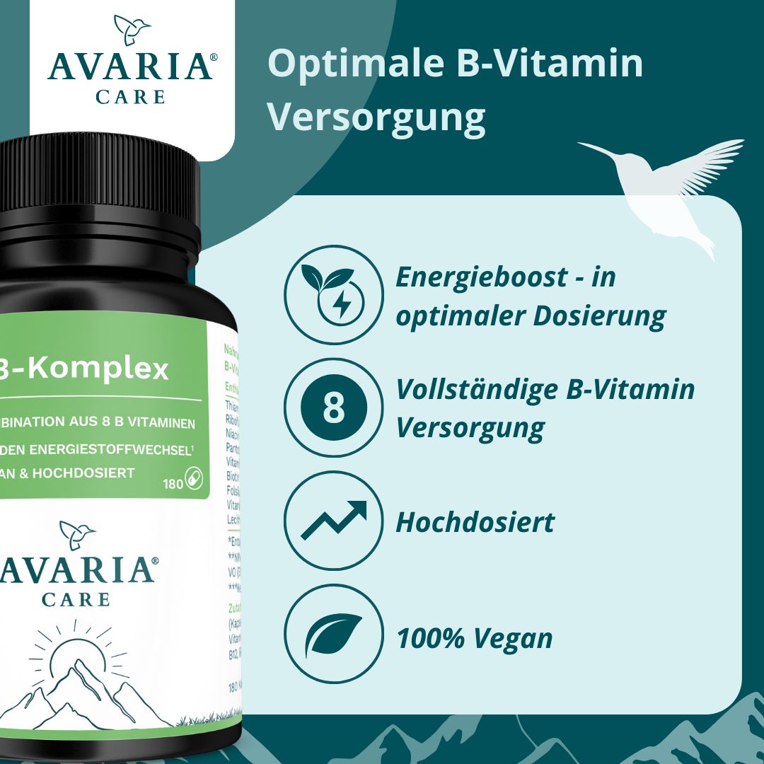 AVARIA CARE® Vitamin B Komplex – hochdosiert – 8 B-Vitamine & B12 – vegan