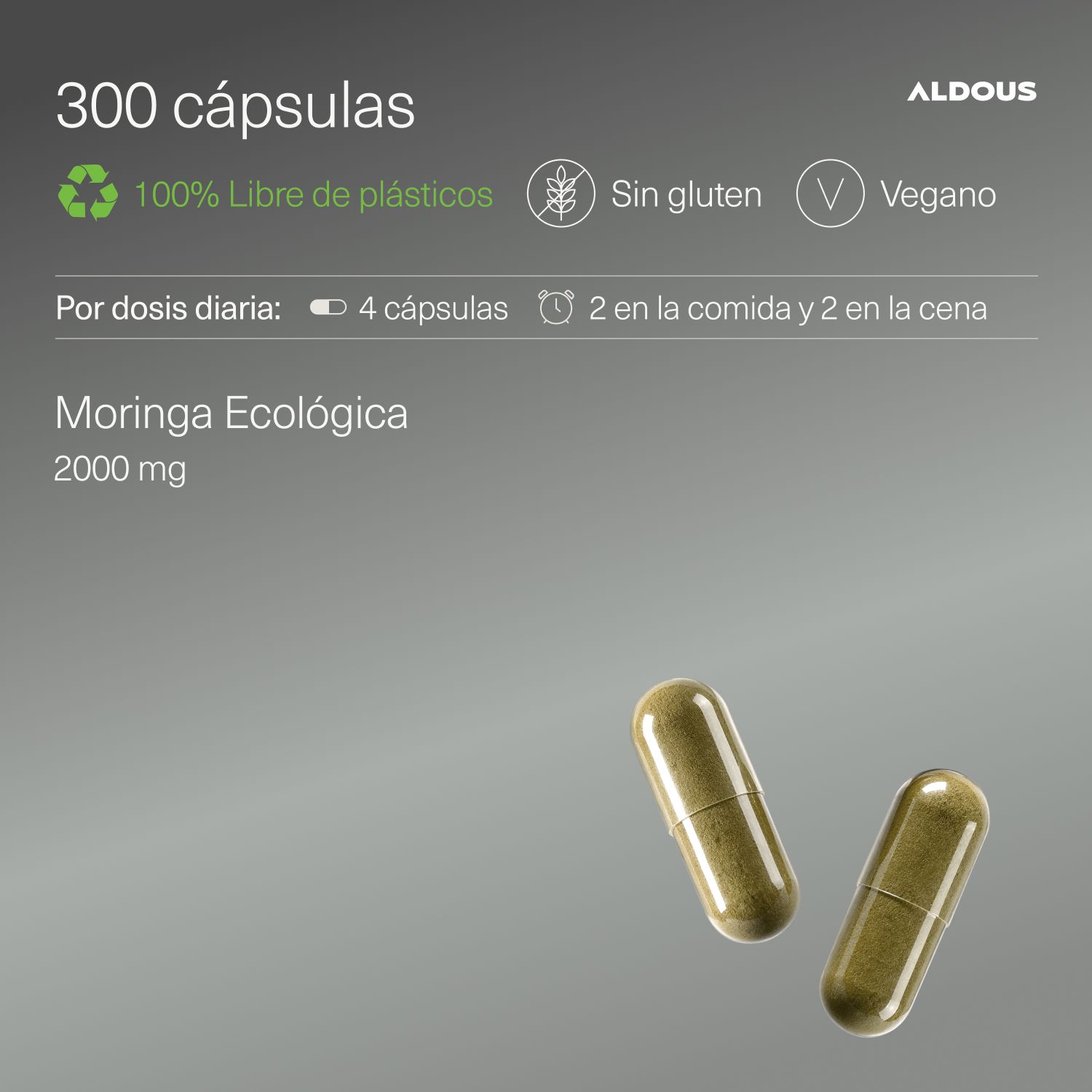 Aldous Moringa, 300 Kapseln, 100% plastikfrei, ohne Gluten, vegan.