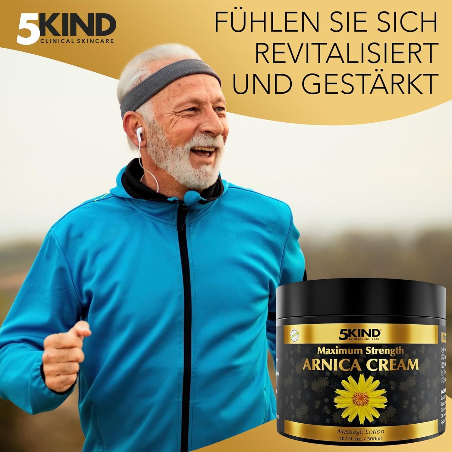 Mann joggt. Im Hintergrund: Tiegel mit goldfarbenem Etikett. Aufschrift: Arnica Cream. Gelbe Blüte.