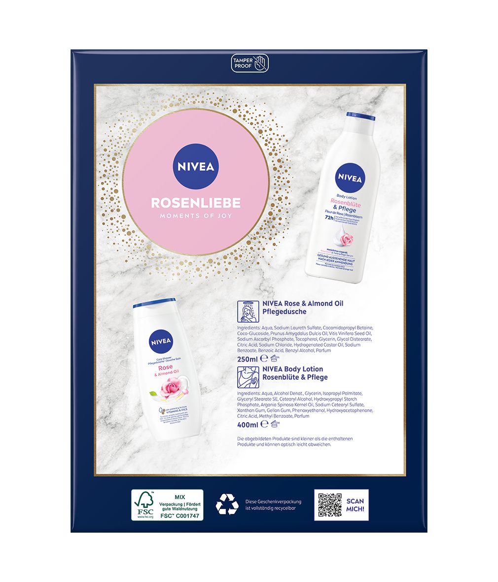 NIVEA Geschenkset mit Duschgel und Body Lotion. Verpackung mit Produktinformationen. Rosenblüten-Design. FSC-Zertifizierung.