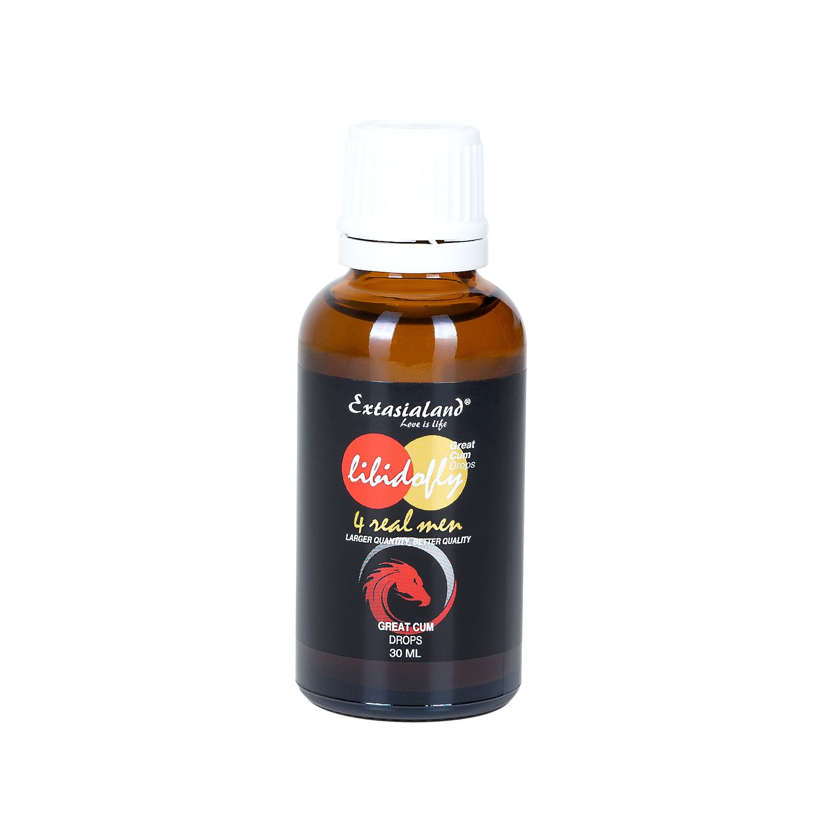 Braune Glasflasche Libidofly® GreatCum Drops. Aufschrift 4 real men. Logo mit Drachen.