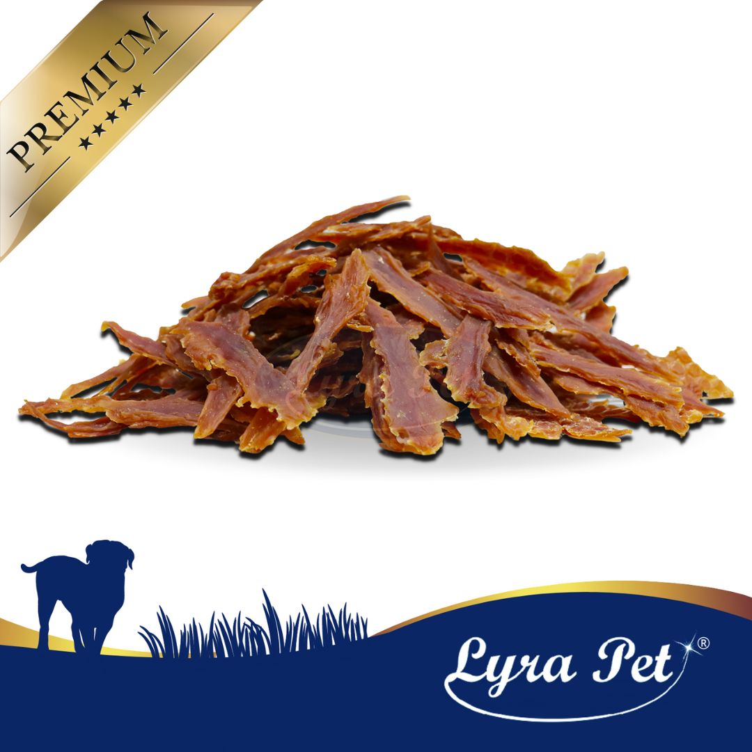 Lyra Pet Entenbrust, getrocknete Streifen. Produkt mit Logo und Text. Auf weißem Hintergrund, mit Hundesilhouette.