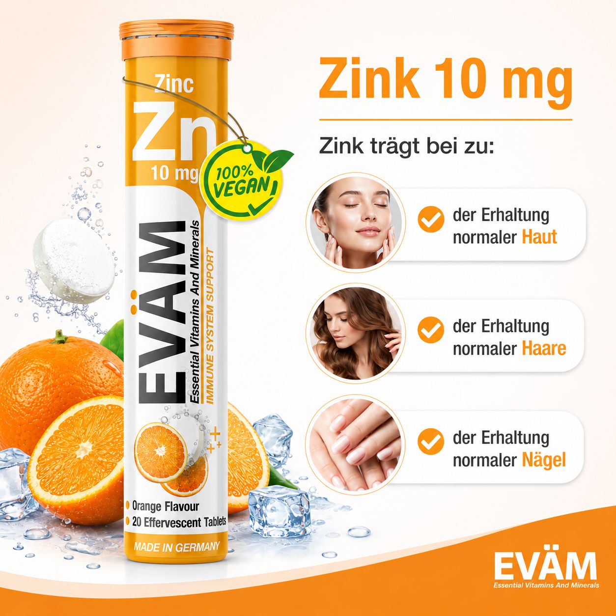 Zink-Tabletten-Verpackung. 100% Vegan-Logo, Orange, Eiswürfel, Vorteile, Haut, Haare, Nägel, Made in Germany.